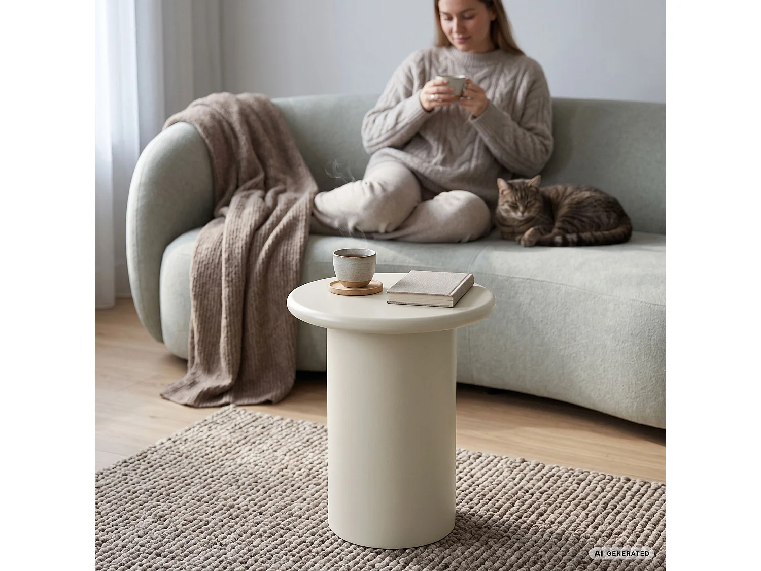 Runder Couchtisch MONO 30 cm Creme mit zylindrischem Sockel