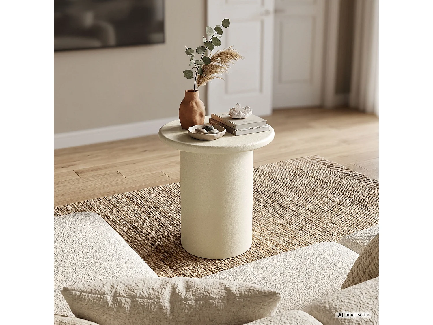 Runder Couchtisch MONO 30 cm Creme mit zylindrischem Sockel