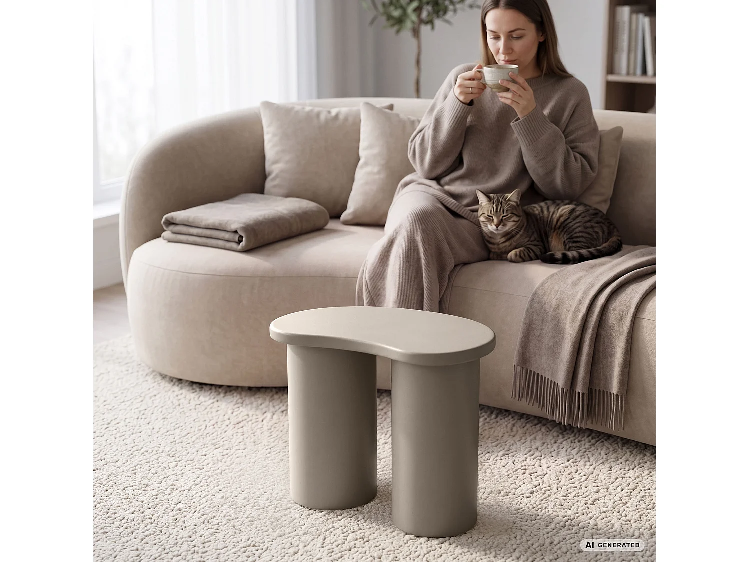 Table basse moderne CUBE 41 cm grise avec double pied cylindrique