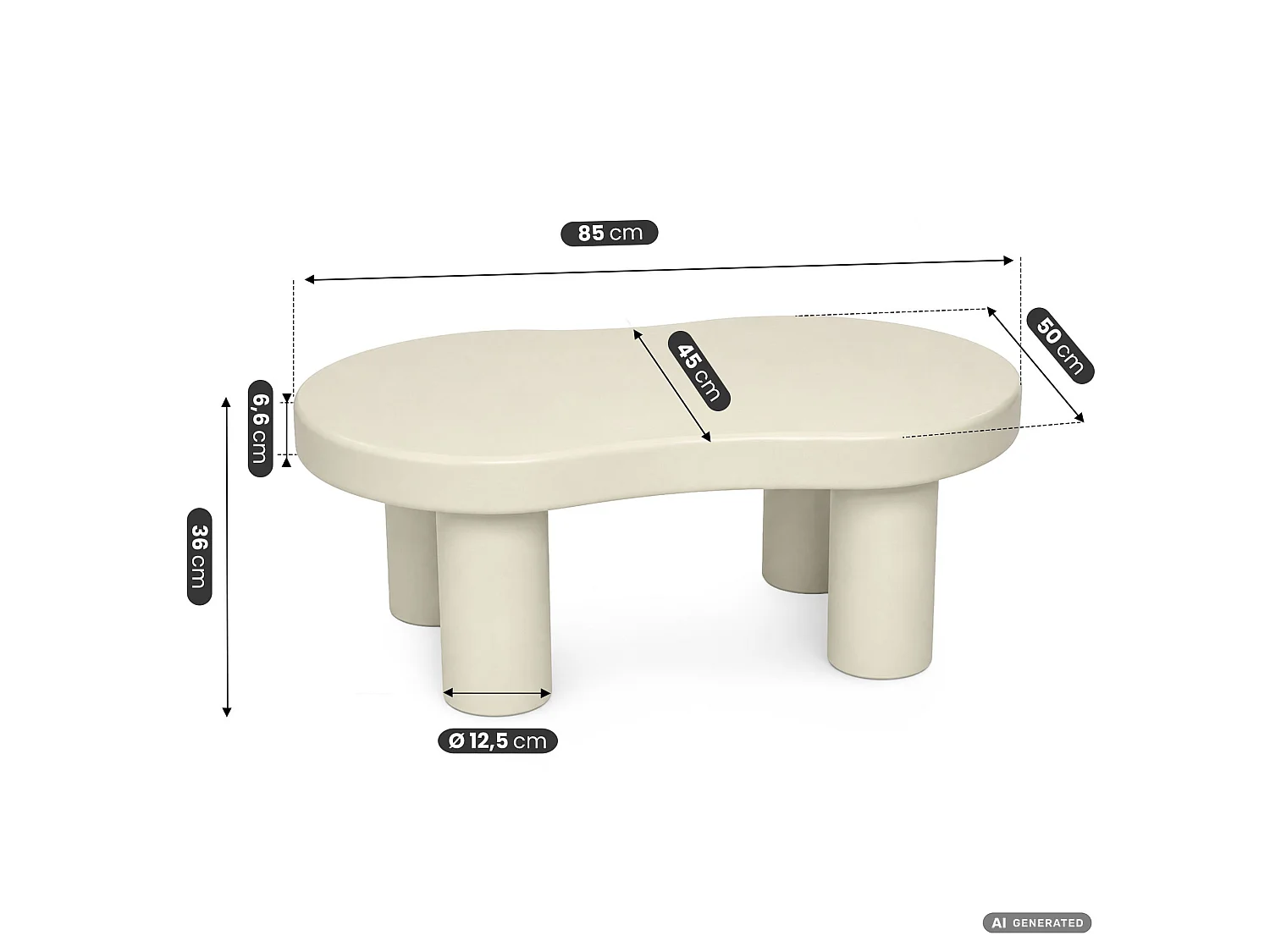Table basse ovale MATCHA 85 cm crème avec quatre pieds cylindriques