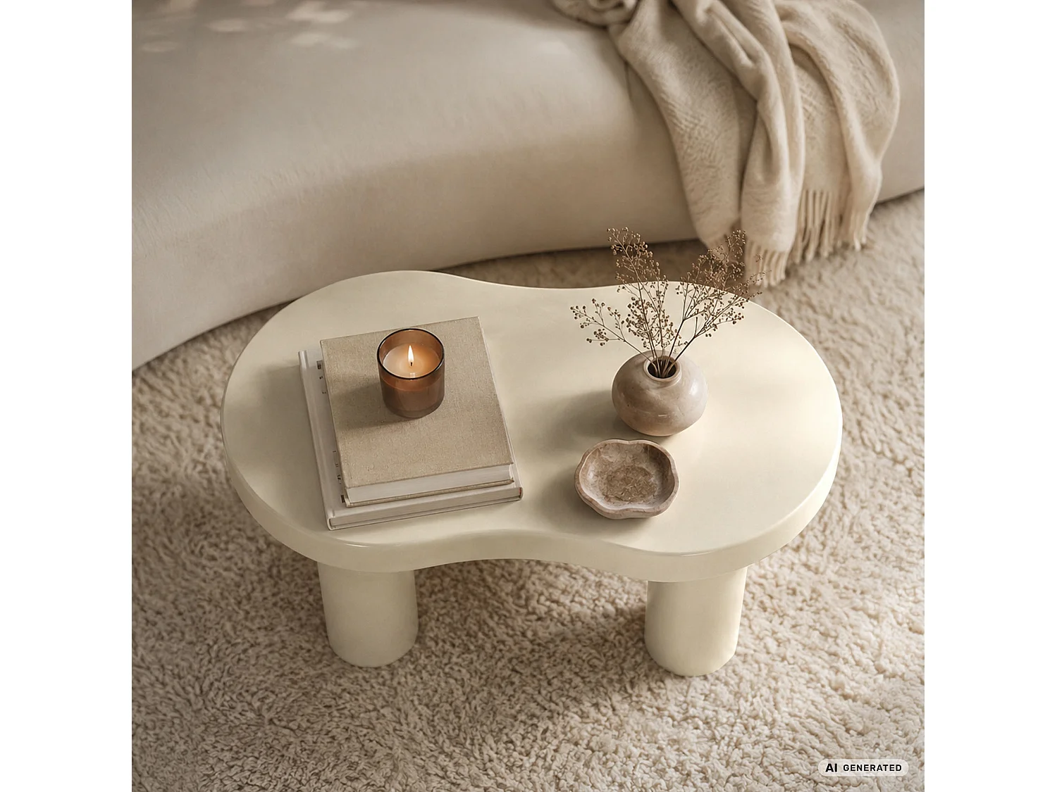 Table basse ovale MATCHA 85 cm crème avec quatre pieds cylindriques