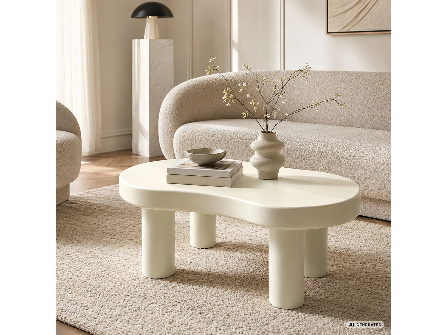 Table basse ovale MATCHA 85 cm crème avec quatre pieds cylindriques