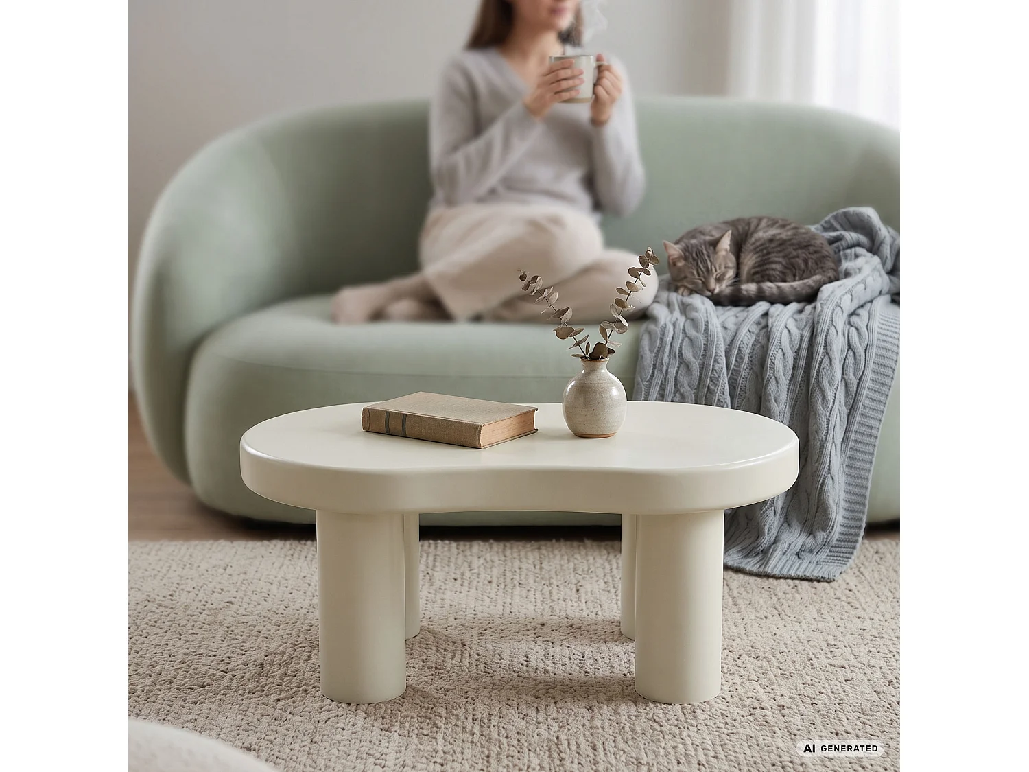 Table basse ovale MATCHA 85 cm crème avec quatre pieds cylindriques