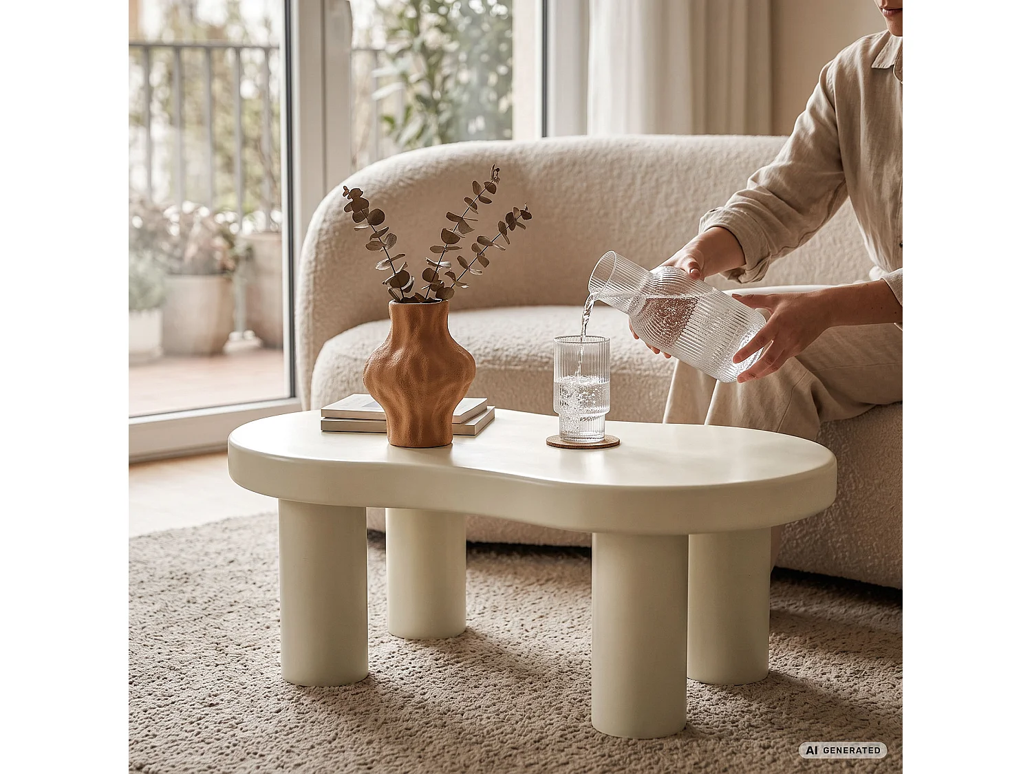 Table basse ovale MATCHA 85 cm crème avec quatre pieds cylindriques