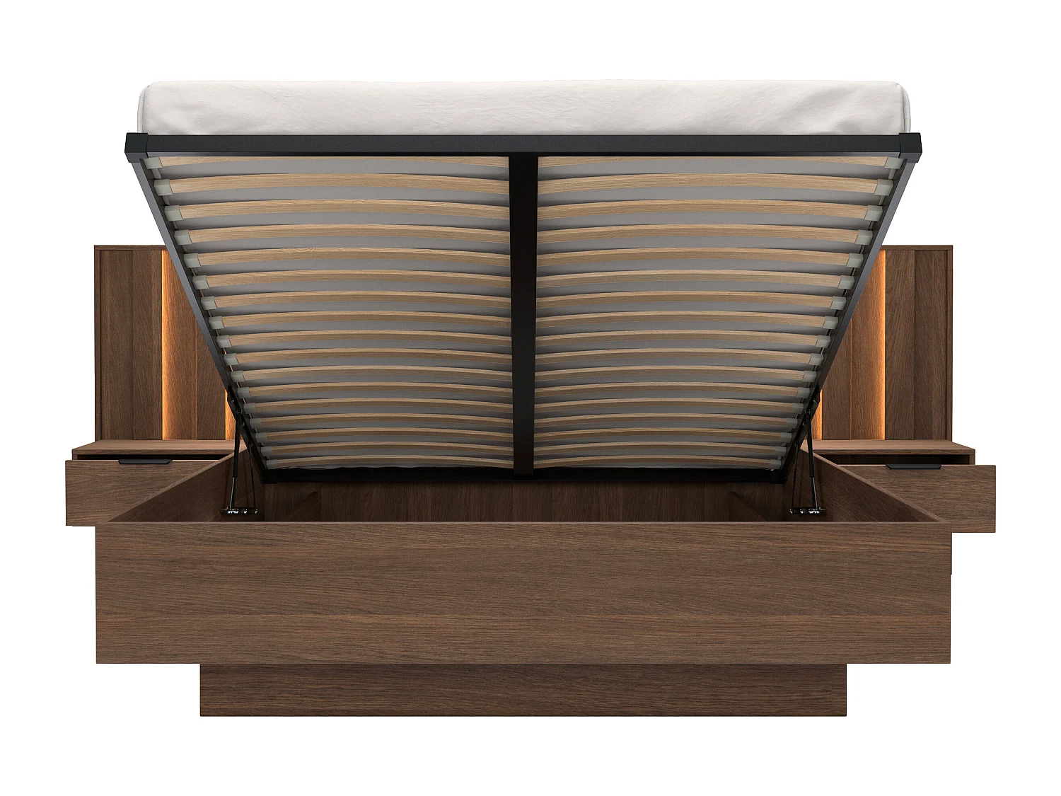 Lit coffre avec chevets 160 x 200 cm et tête de lit en tissu - Coloris : Naturel foncé et marron - KALSIYA
