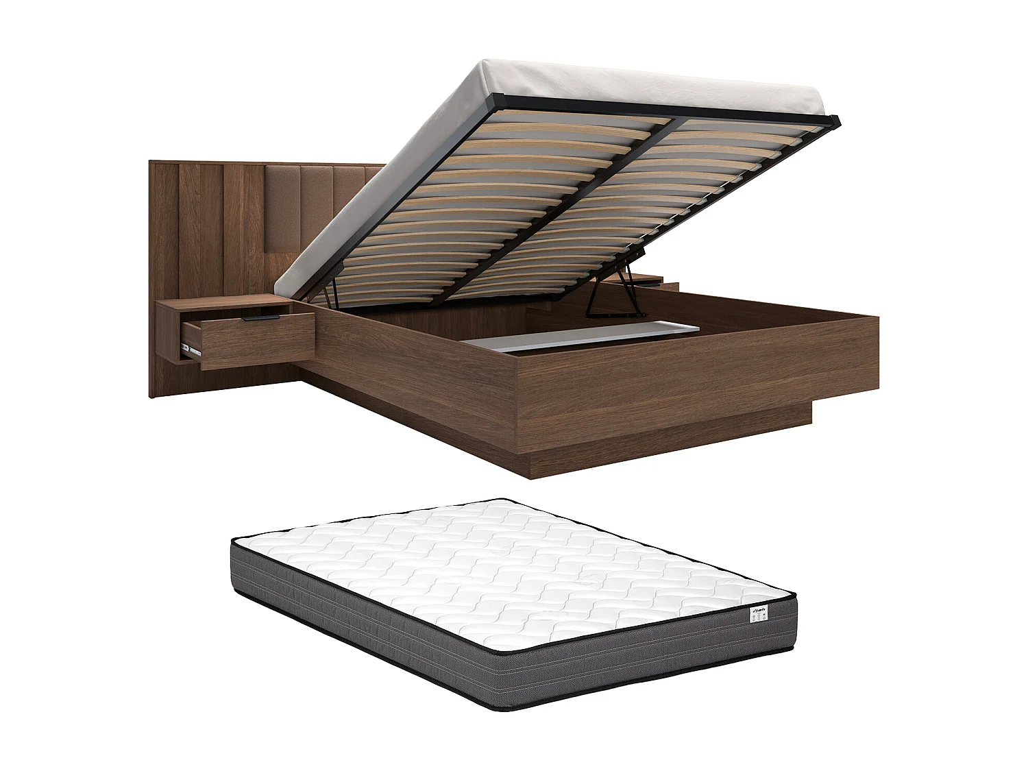 Bed met opbergruimte en nachtkastjes 160 x 200 cm en hoofdbord in stof - Kleur: natuurlijk donker en bruin + matras - KALSIYA