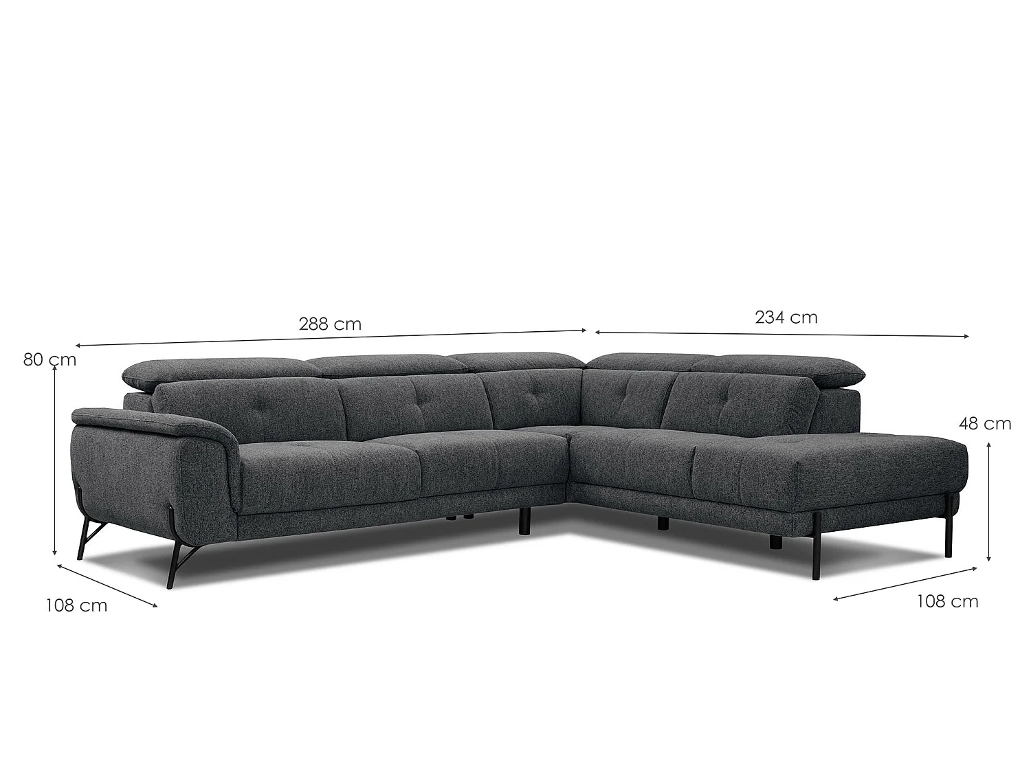 AVENA Ecksofa 5-Sitzer rechts mit verstellbare Kopfstützen, dunkelgrau