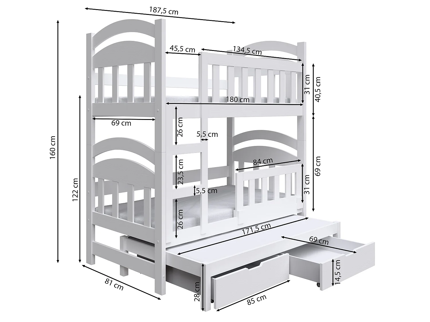 Stapelbed voor 3 personen, grijs, 75x180 cm – Dopio