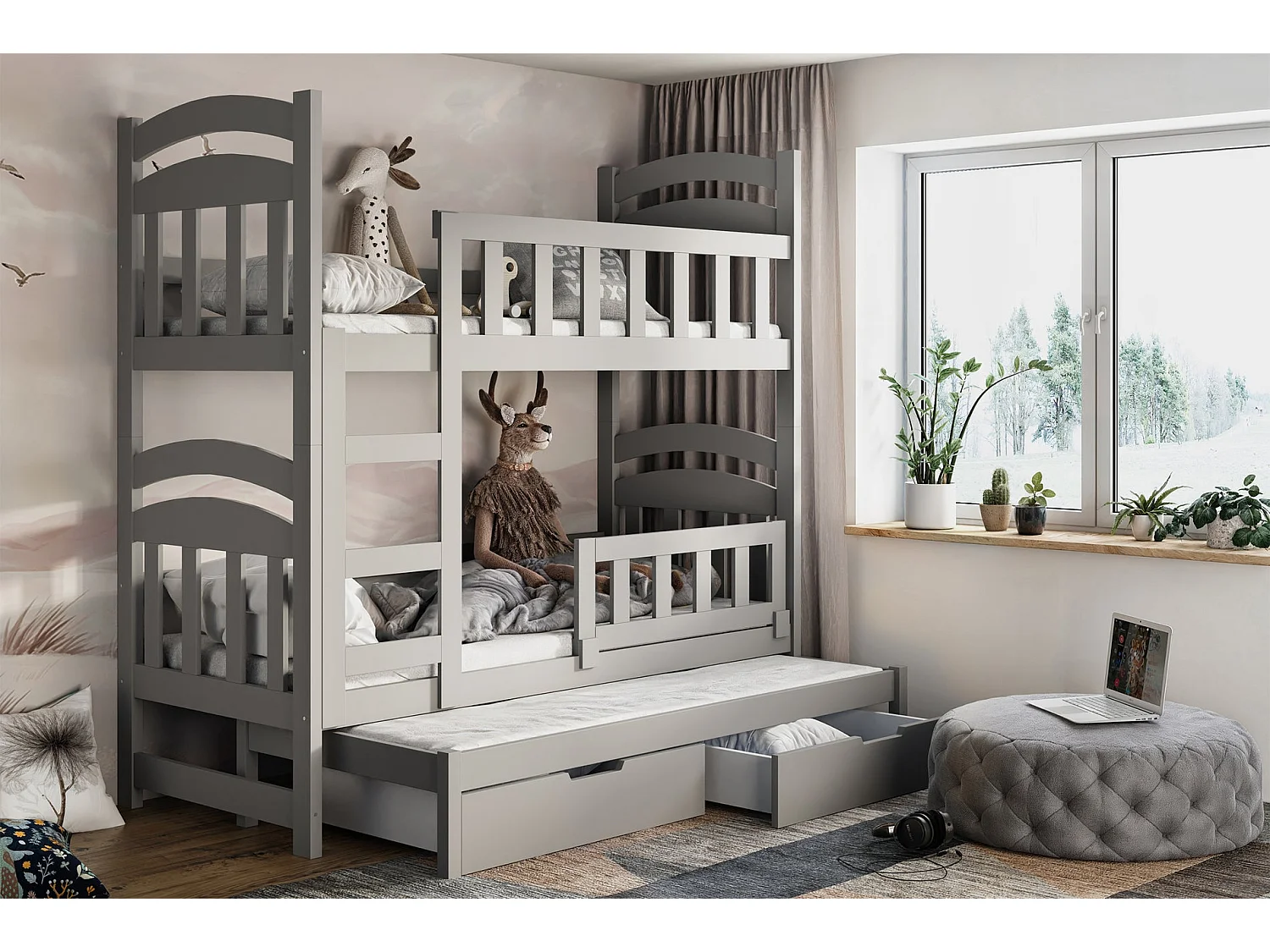 Stapelbed voor 3 personen met matrassen, grijs, 75x180 cm – Dopio