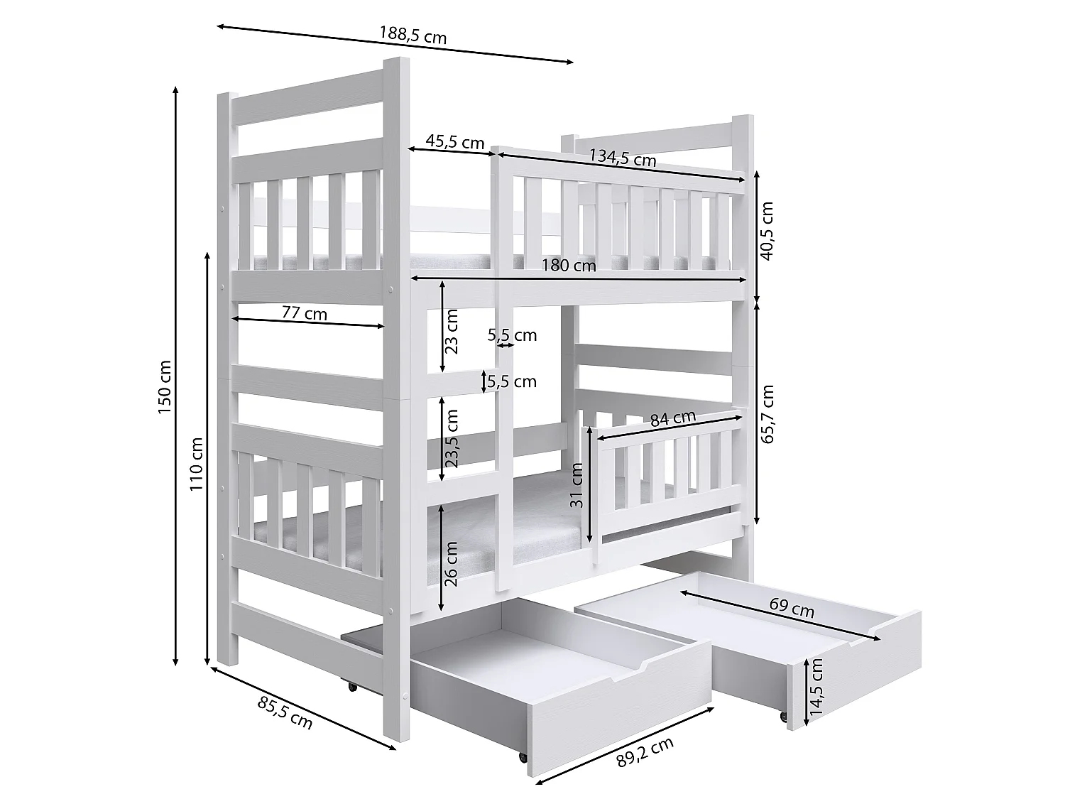 Lit superposé avec matelas - 80x185 cm - Gris - Dromi
