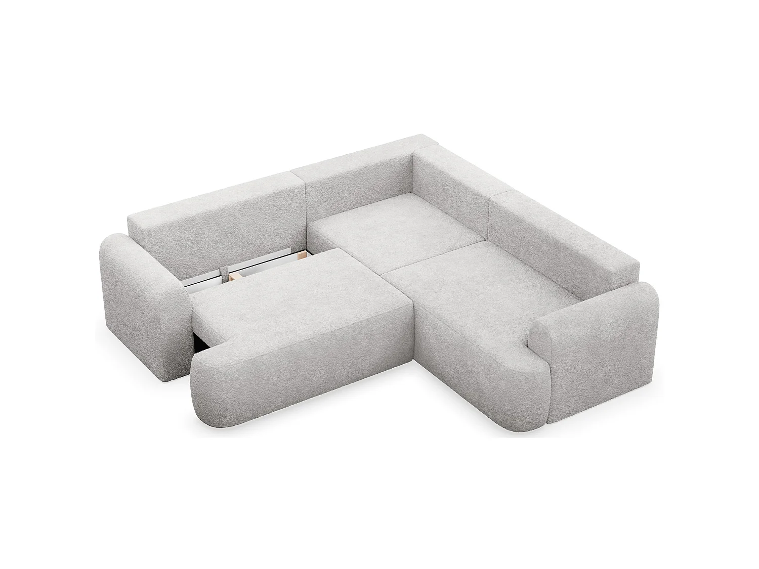 Canapé d'angle congris clairible en L - bouclé gris clair - avec coffre - OVO universel