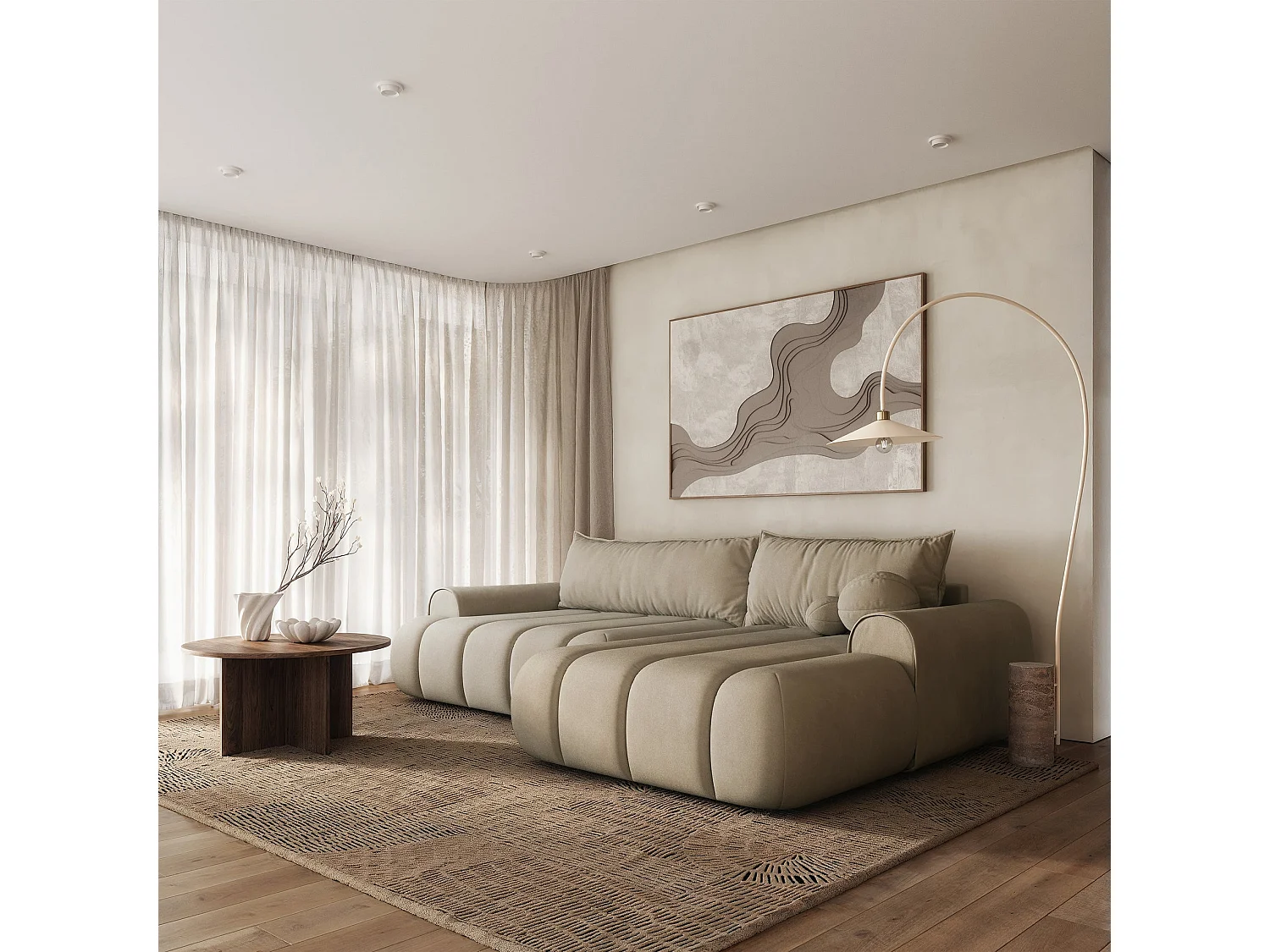 Canapé d'angle convertible - en velours beige avec revêtement - côté droit - DANDELINO