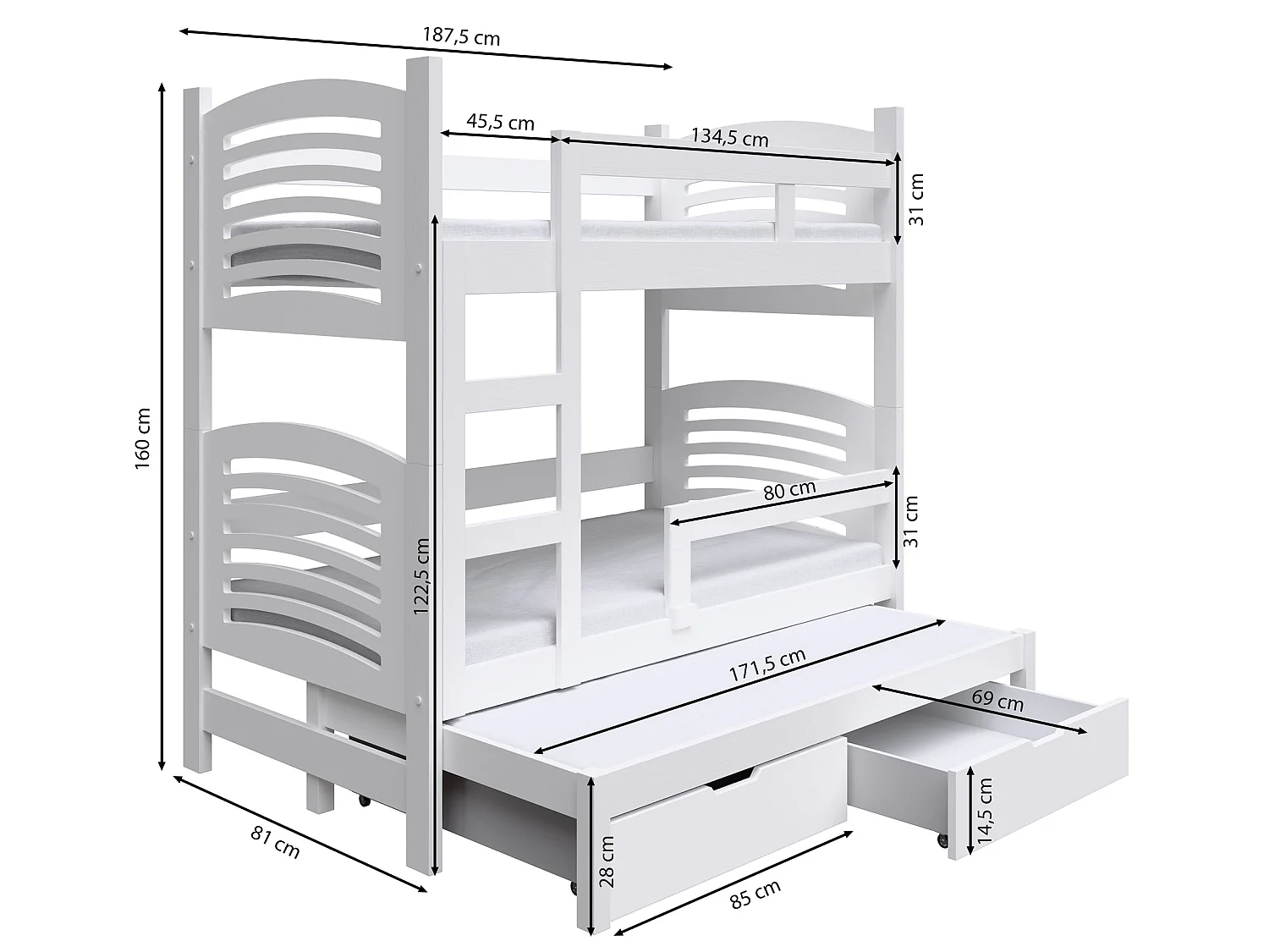 Stapelbed voor 3 personen met matrassen, 75x180 cm – Cami