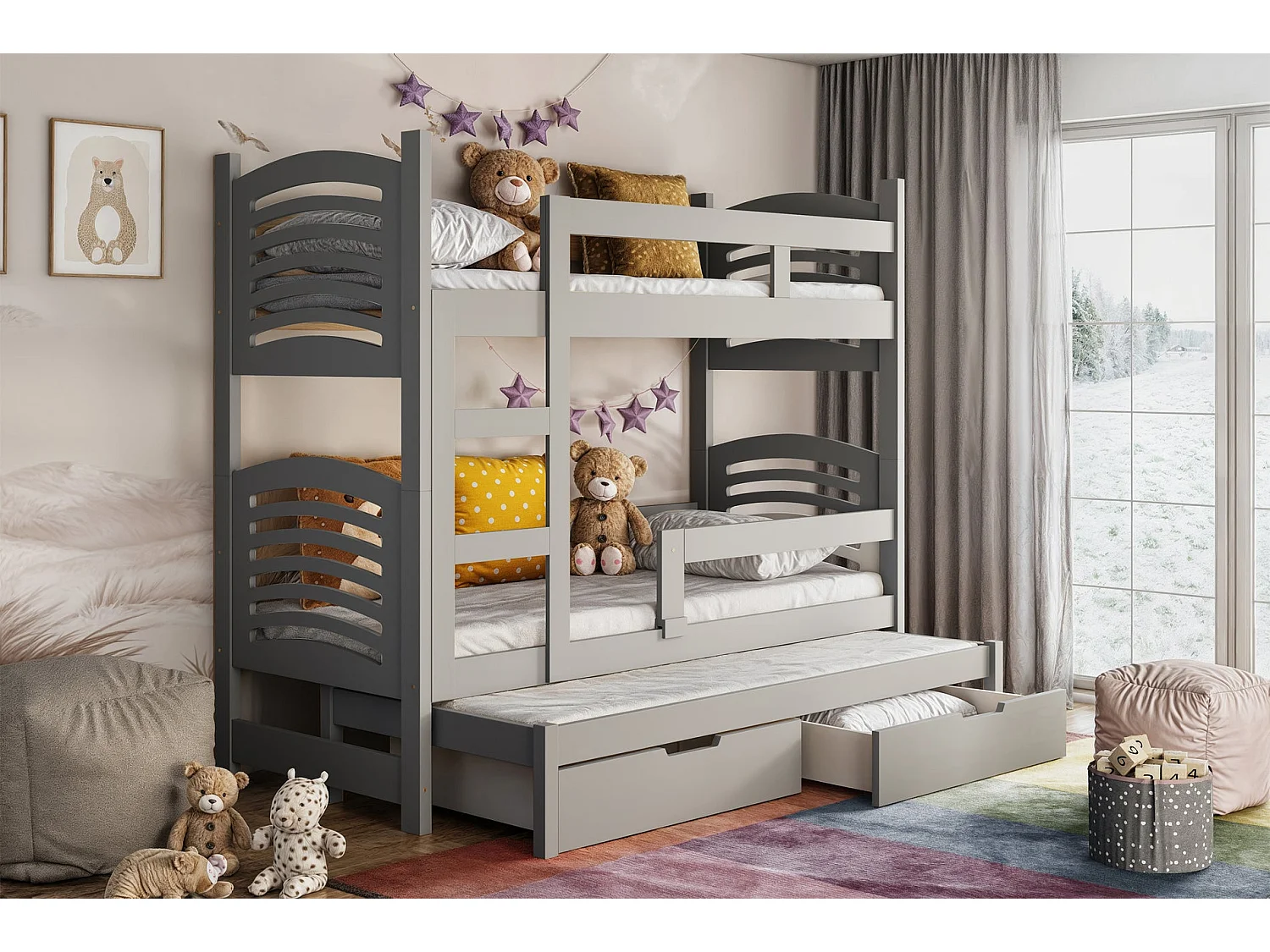 Stapelbed voor 3 personen met matrassen, grijs, 75x180 cm – Cami