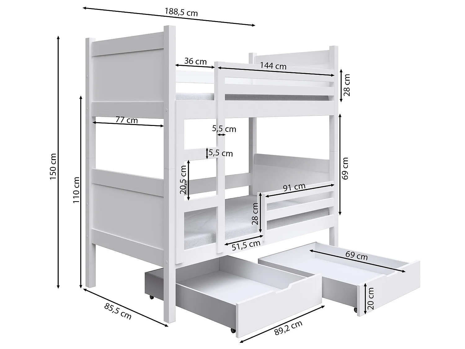 Etagenbett mit Matratzen, Grau, 80x180 cm - Frello