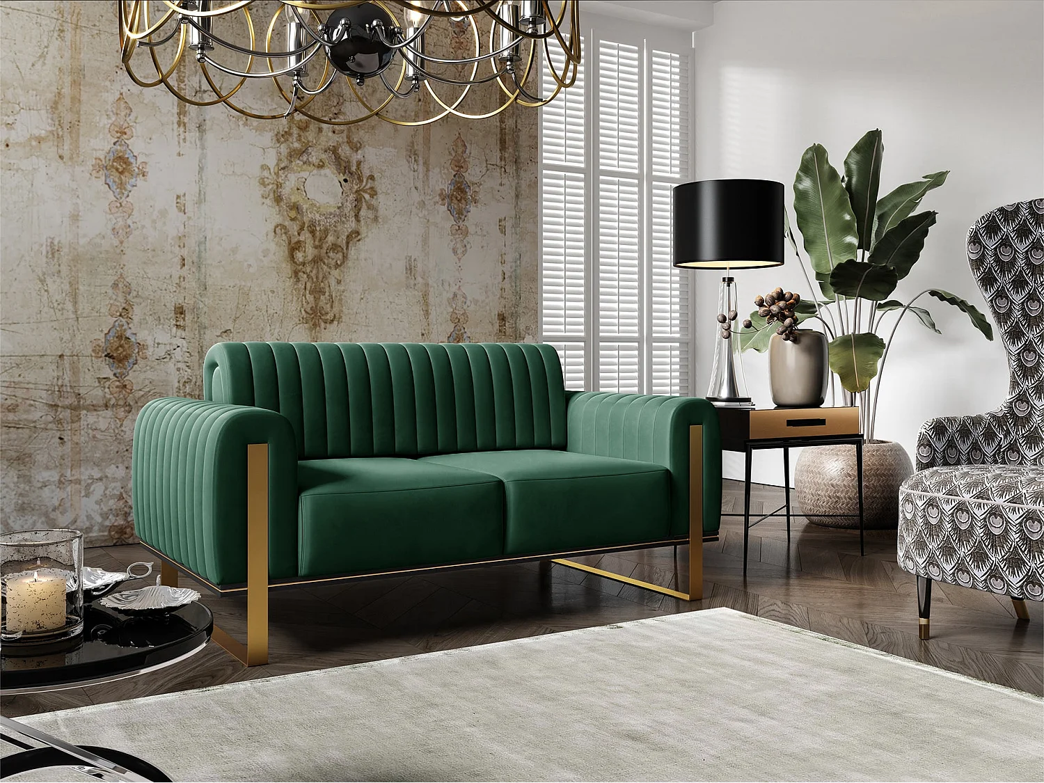 Canapé - 164 cm - velours Vert pieds dorés - Parissa