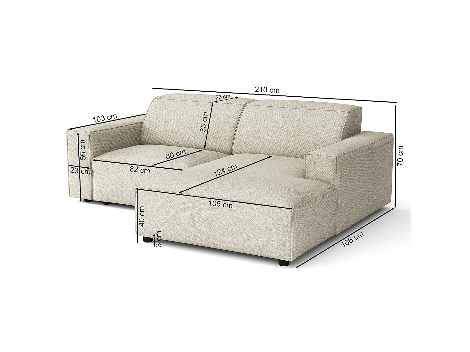 Hoekbank, chenille lichtgrijs, 210 cm – Sellmo