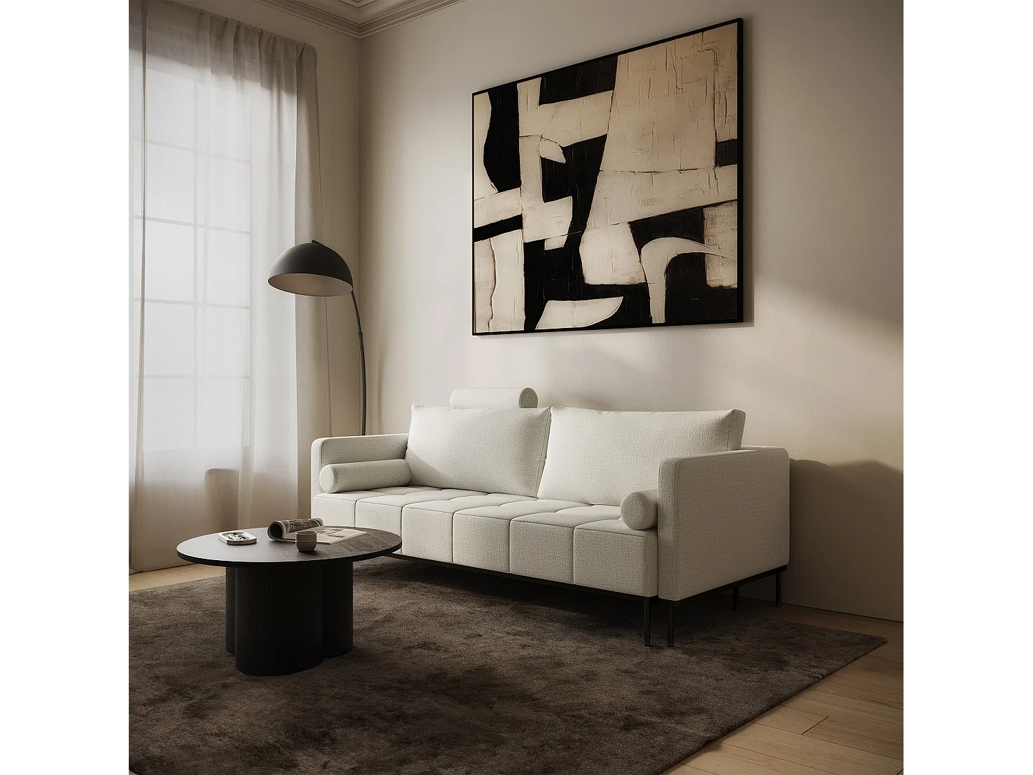 Slaapbank met slaapfunctie, 3-zits, chenille greige, 224 cm – Skilia