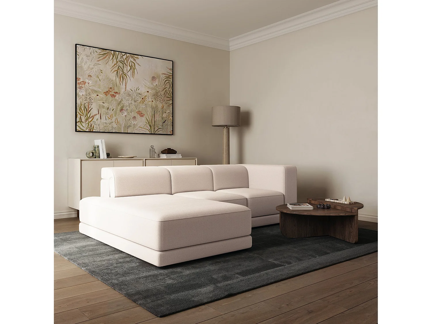 Ecksofa L-Form, 4-Sitzer, links, Chenille Creme, 278 cm - Novals