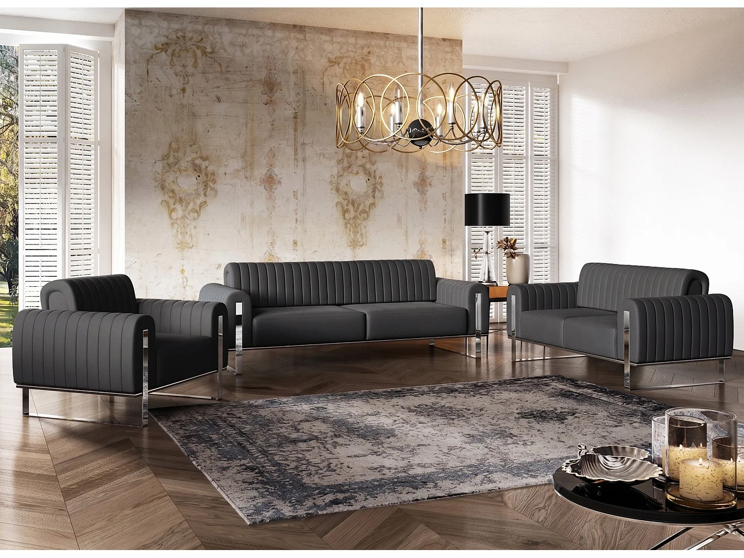 Sofa, Samt Dunkelgrau verchromte Füße, 228 cm - Parissa