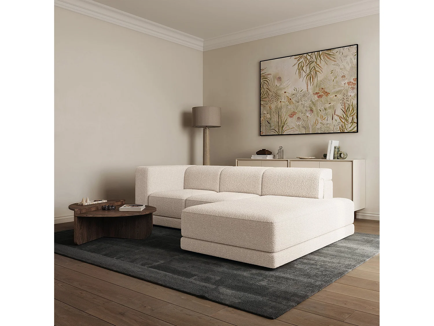 Ecksofa L-Form, 4-Sitzer, rechts, Bouclé Creme, 278 cm - Novals