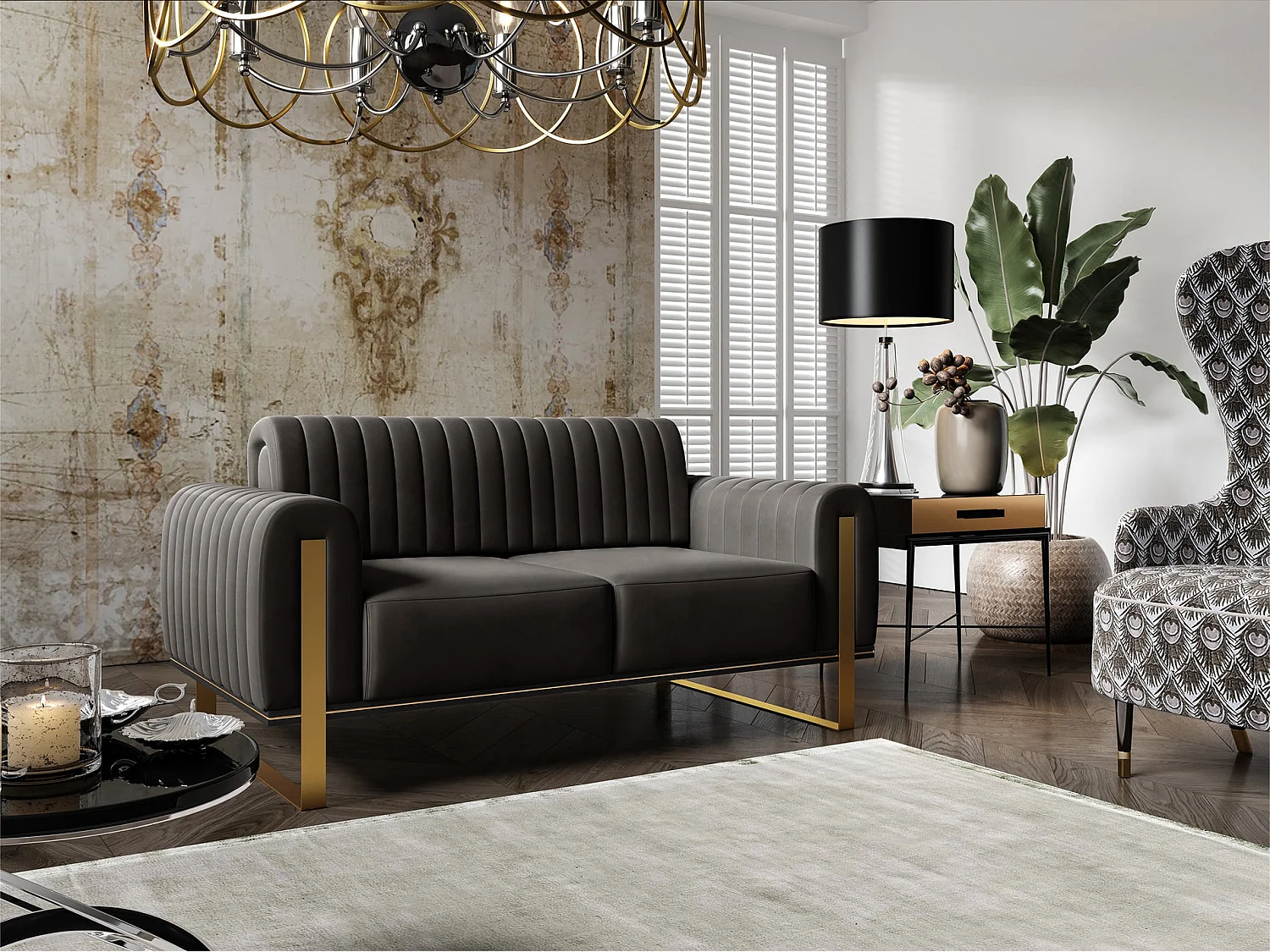 Canapé - 164 cm - velours Noir pieds dorés - Parissa
