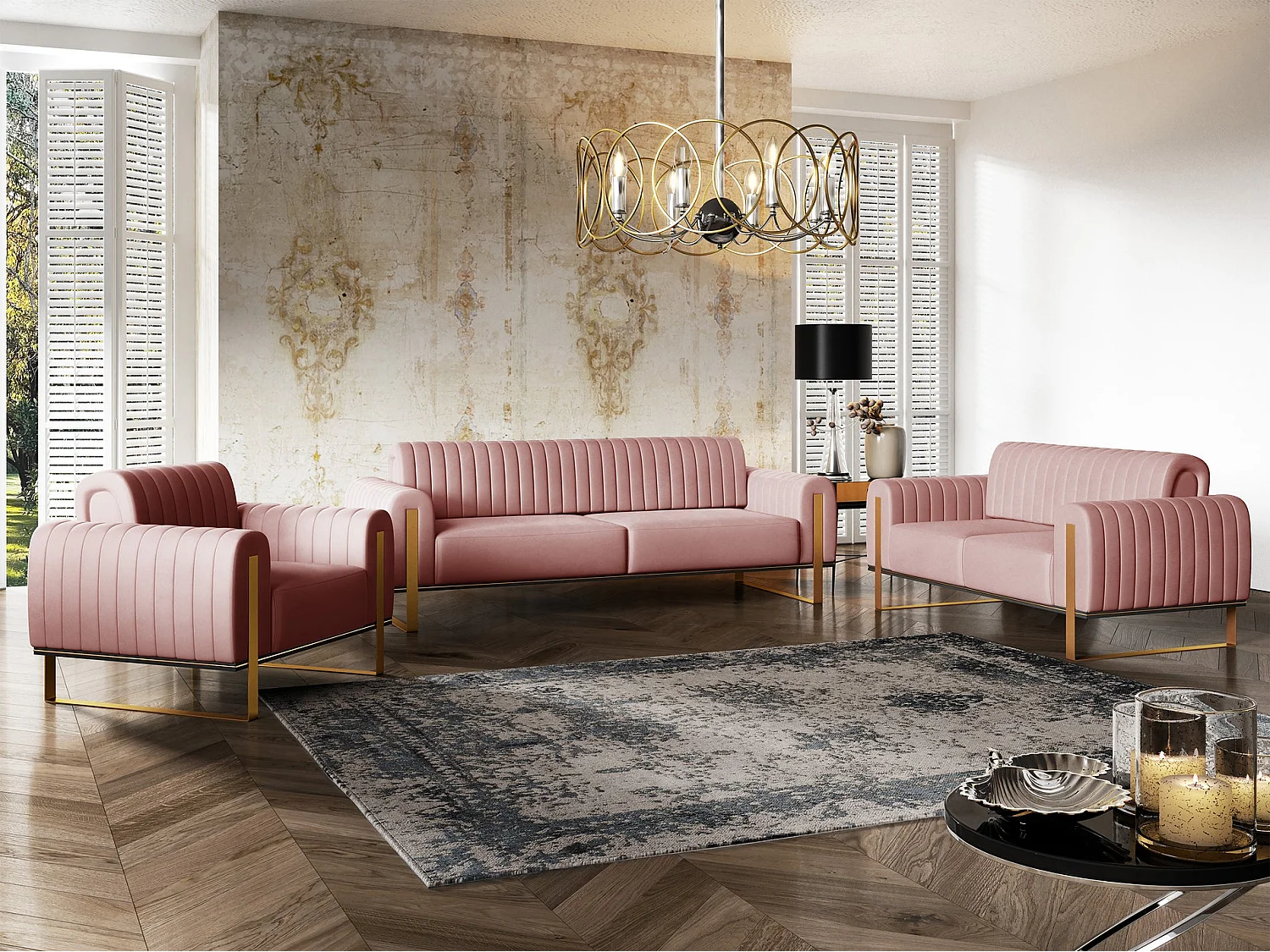Slaapbank, velours roze gouden poten, 228 cm – Parissa