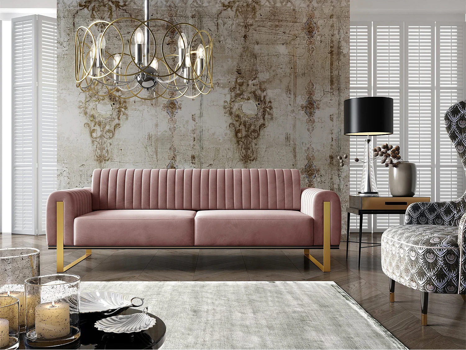 Slaapbank, velours roze gouden poten, 228 cm – Parissa