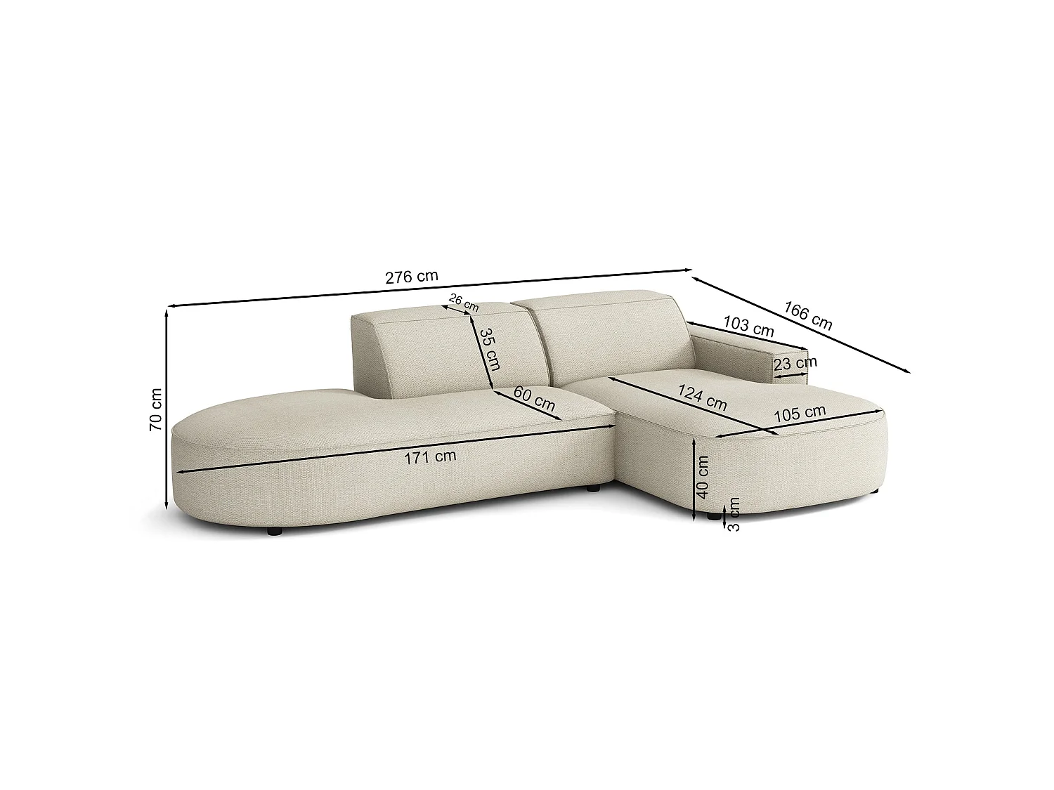 Hoekbank 3-zits, rechteropstelling, chenille lichtgrijs, 276 cm – Sallmo