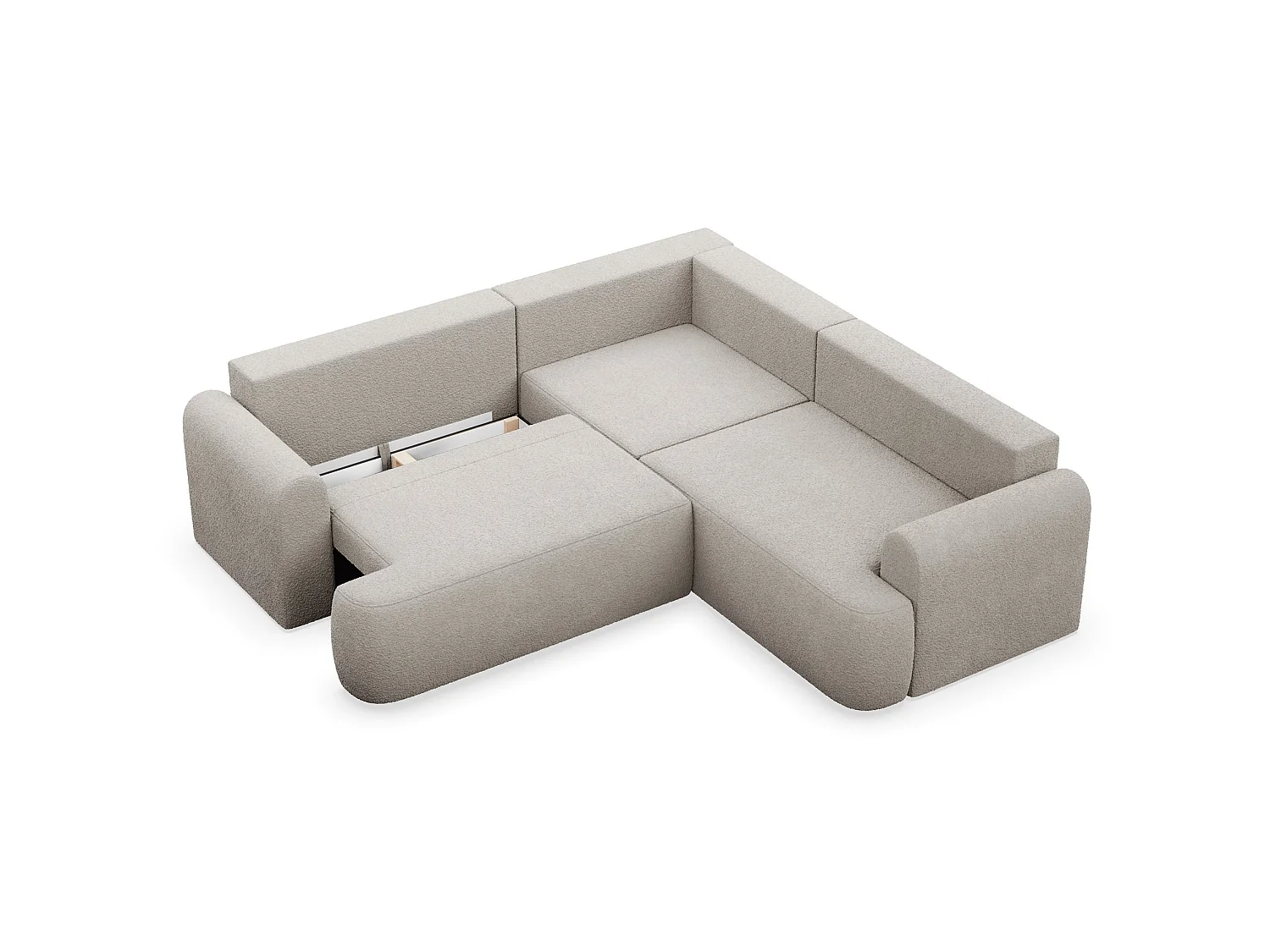 L-vormige hoekslaapbank Kaveo met opbergruimte, beige pluche universeel met hoek