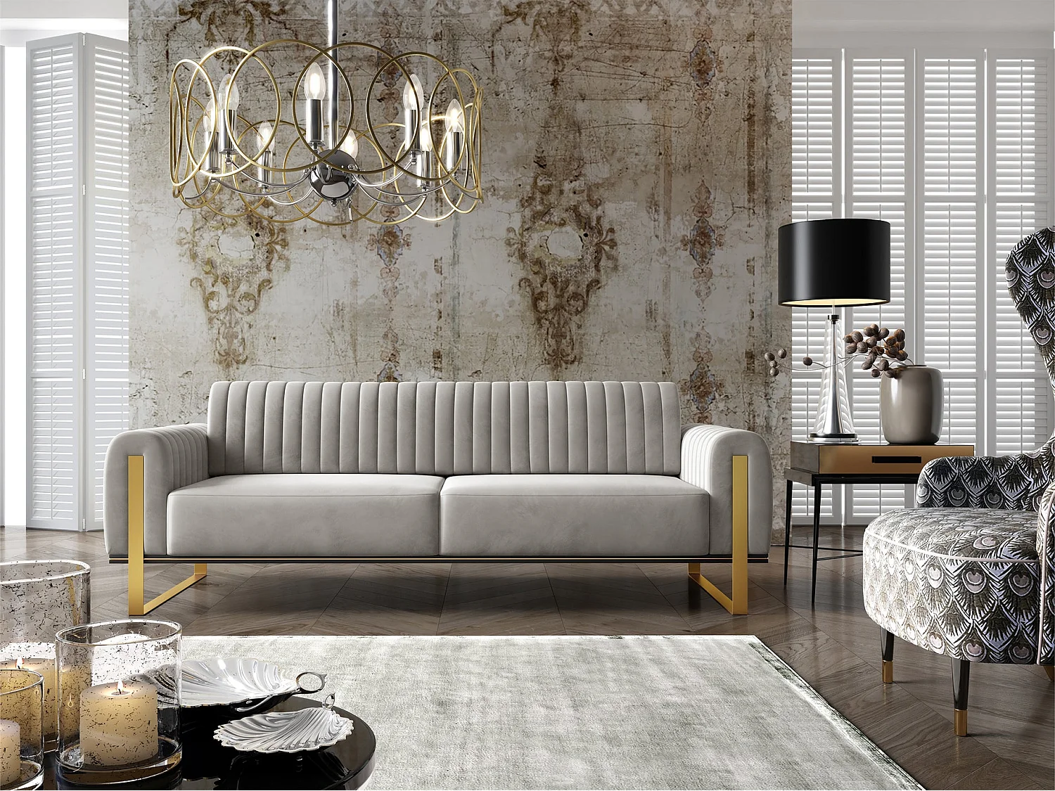 Slaapbank, velours lichtgrijs gouden poten, 228 cm – Parissa