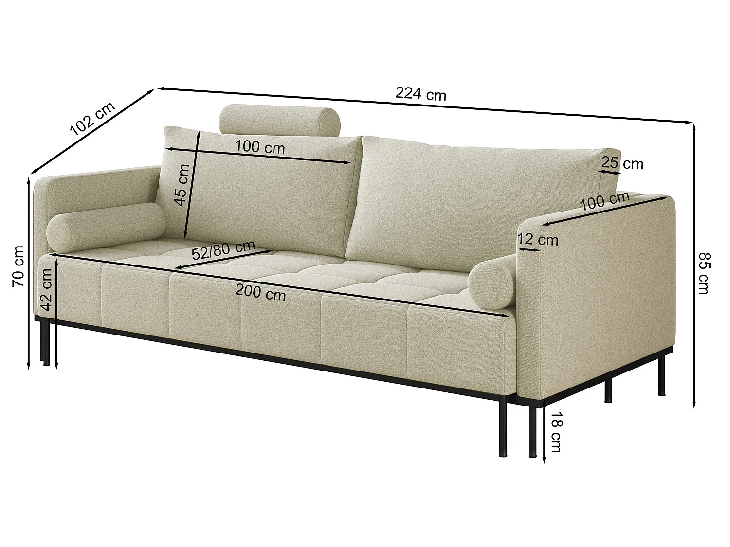 Canapé - 224 cm - Chenille Gris clair - Skilia