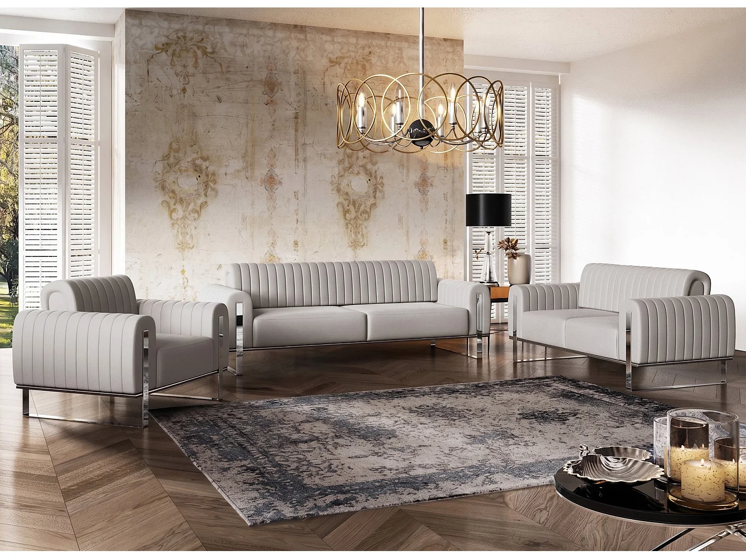 Sofa, Samt Hellgrau verchromte Füße, 164 cm - Parissa