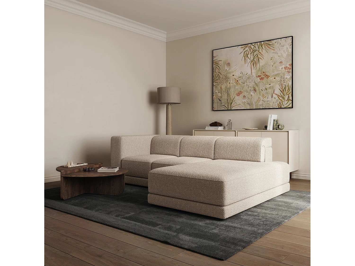 Ecksofa L-Form, 4-Sitzer, rechts, Bouclé Hellbeige, 278 cm - Novals