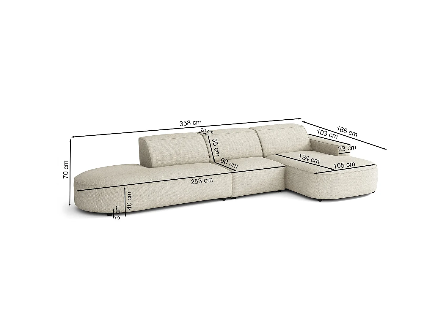 Hoekbank 3-zits, rechteropstelling, chenille lichtgrijs, 358 cm – Sallmo