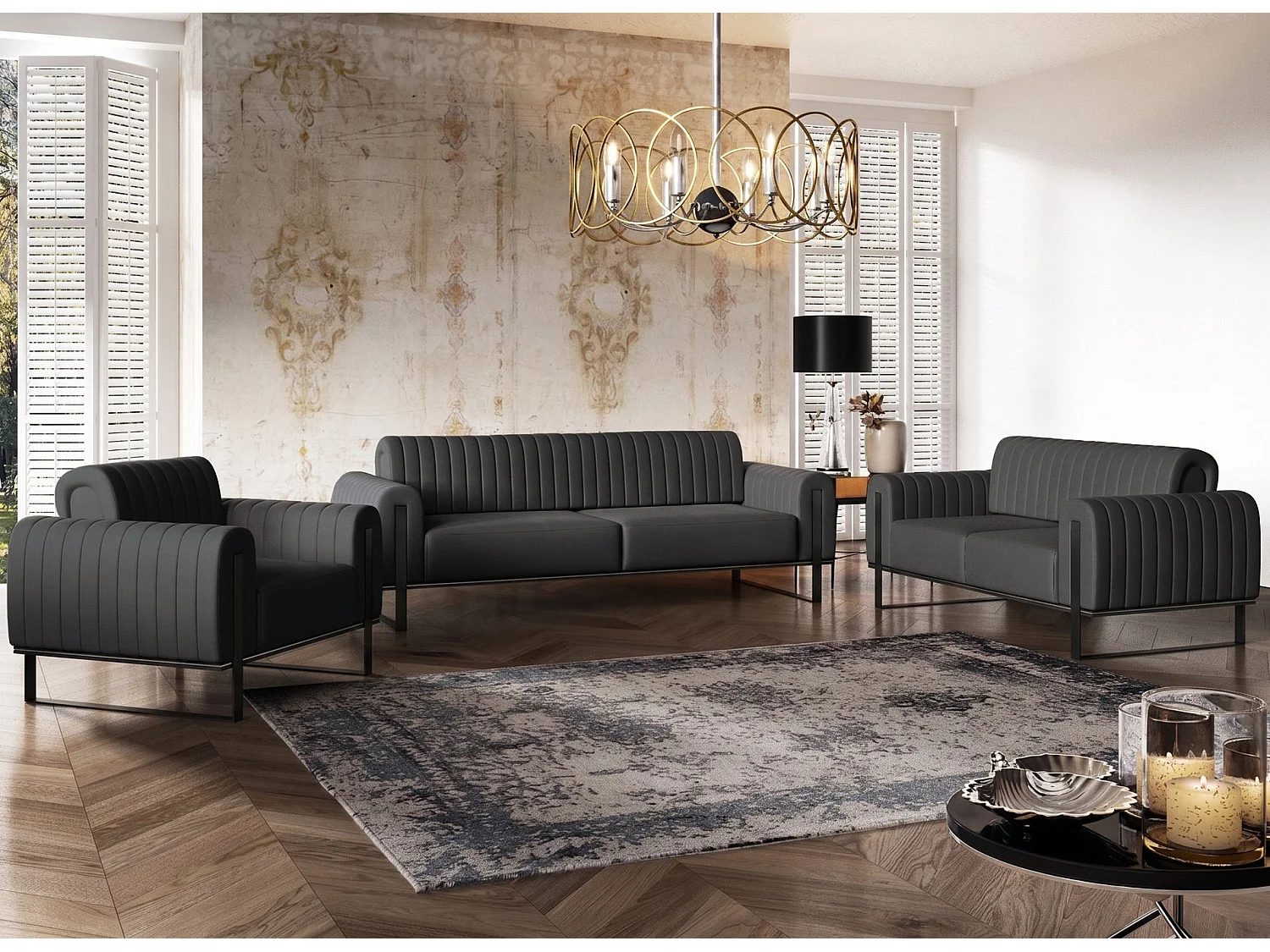 Canapé - 164 cm - velours Gris foncé pieds noirs - Parissa
