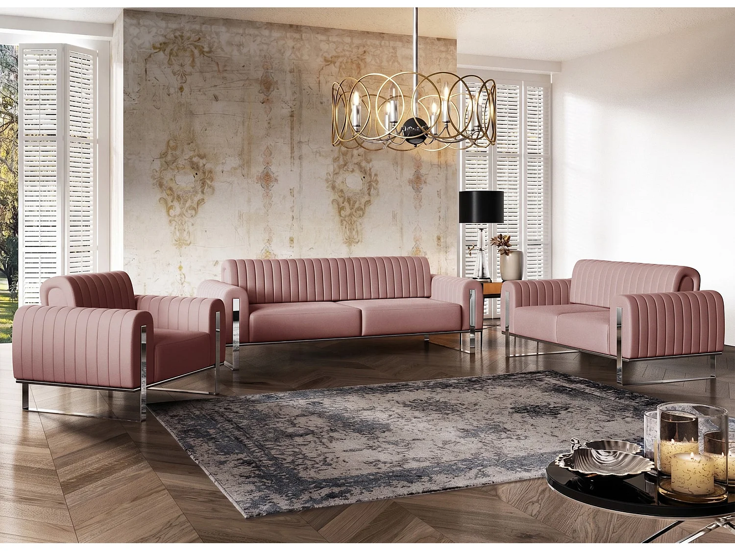 Canapé - 164 cm - velours rose pieds chromés - Parissa