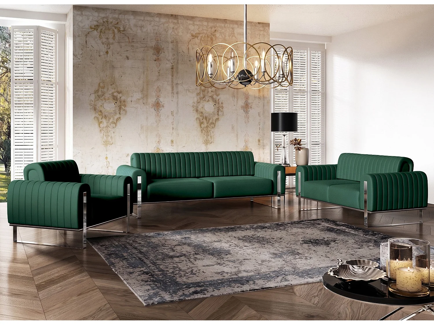 Slaapbank, velours groen chromen poten, 228 cm – Parissa