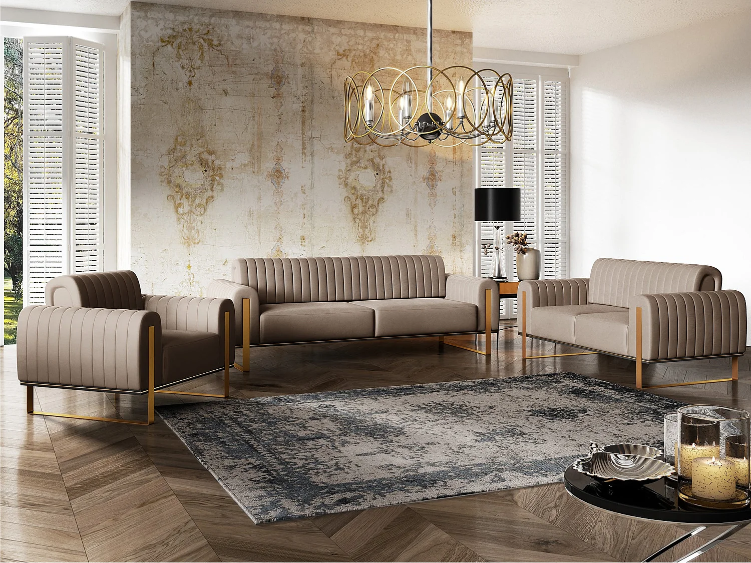 Slaapbank, velours beige gouden poten, 164 cm – Parissa