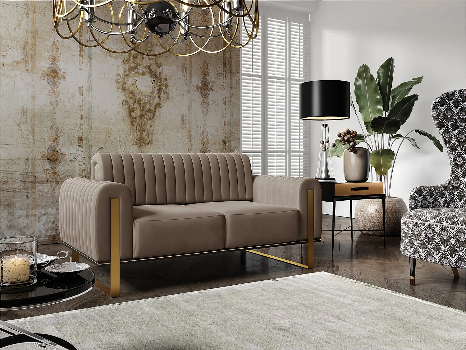 Slaapbank, velours beige gouden poten, 164 cm – Parissa