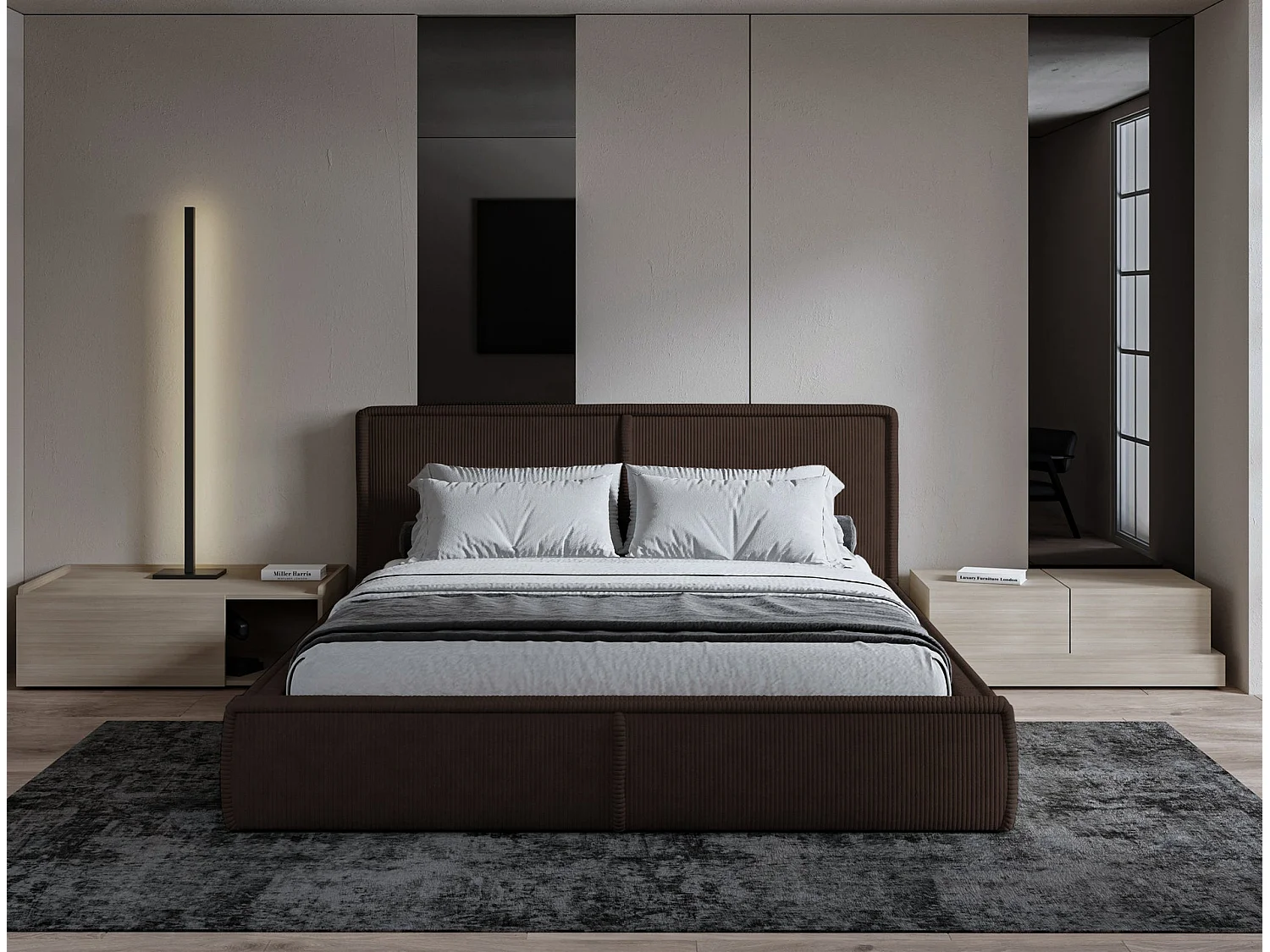 Gestoffeerd bed Cordo met opbergruimte, grijze ribstof, 140x200cm