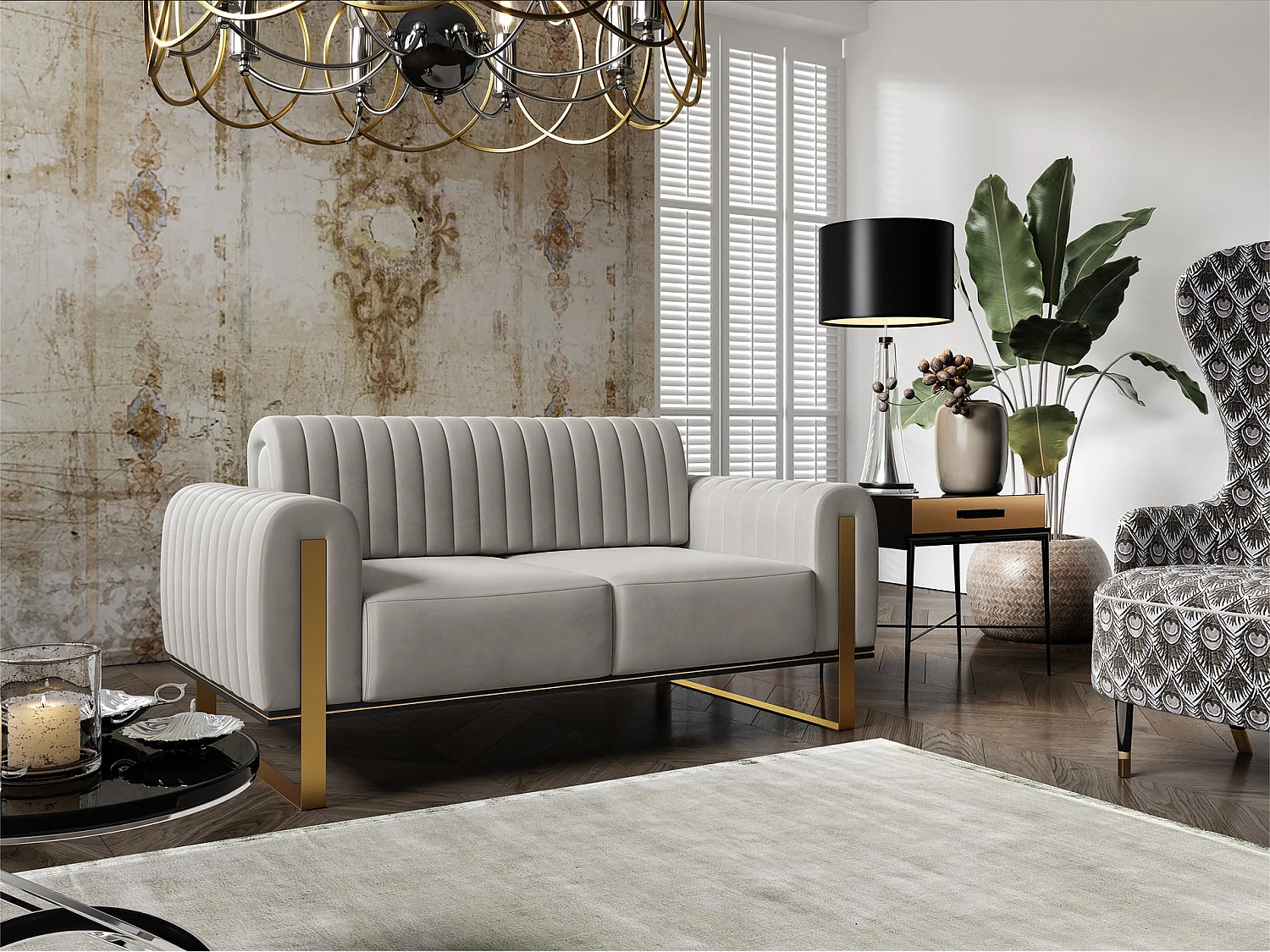 Slaapbank, velours lichtgrijs gouden poten, 164 cm – Parissa