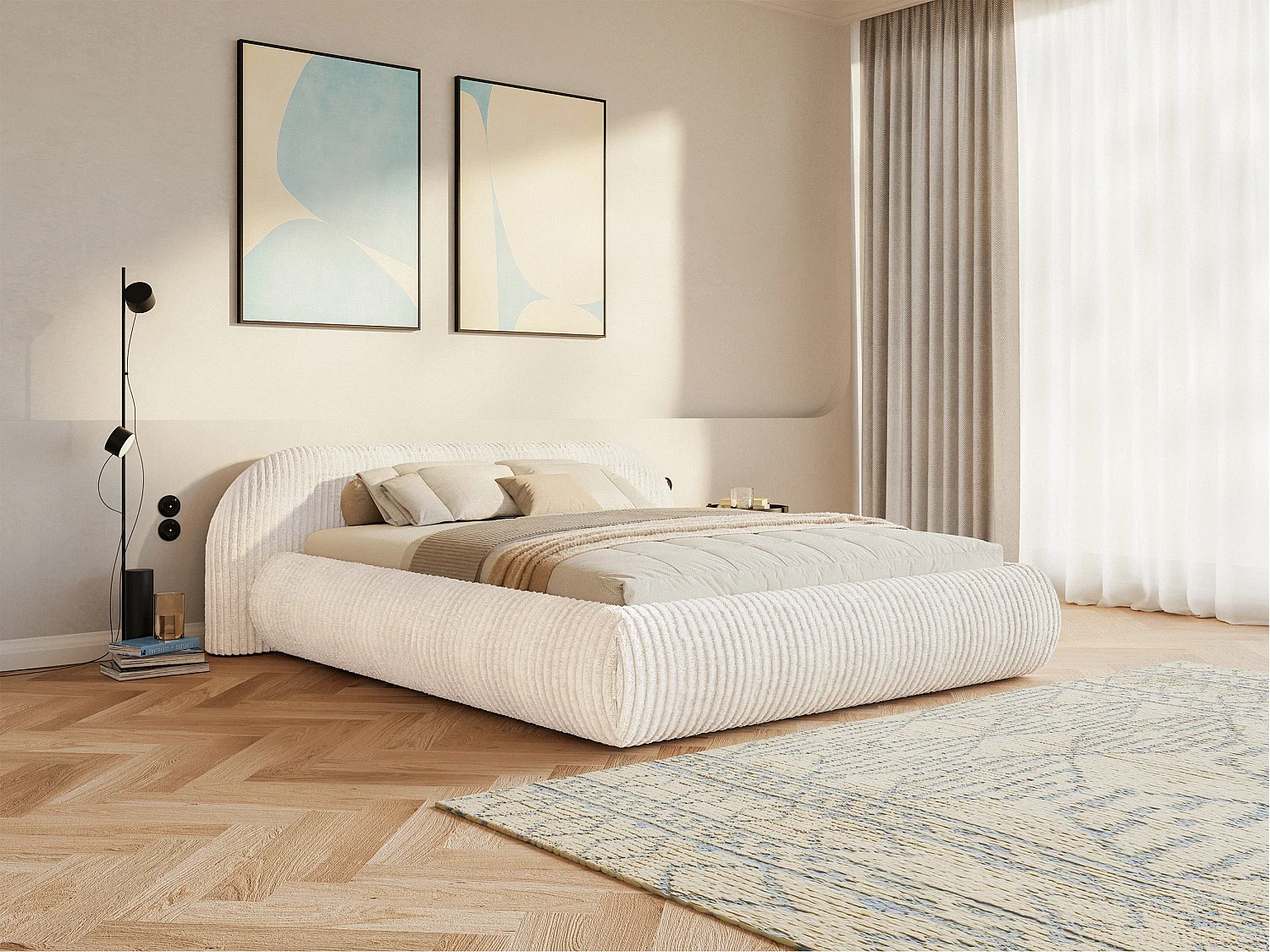 Gestoffeerd bed, corduroy crème, 200x200 cm – Shels