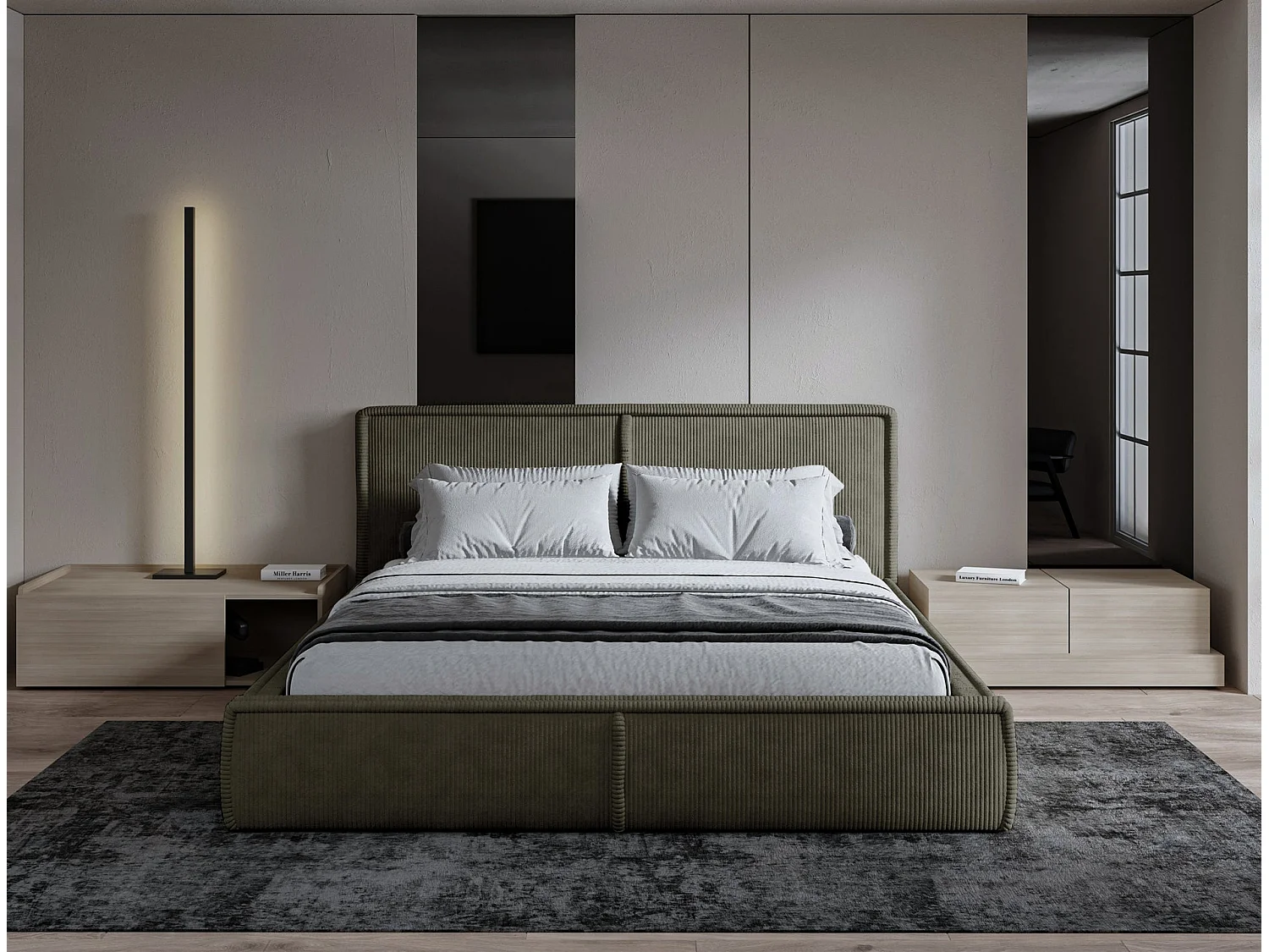 Gestoffeerd bed Cordo met opbergruimte, grijze ribstof, 180x200cm