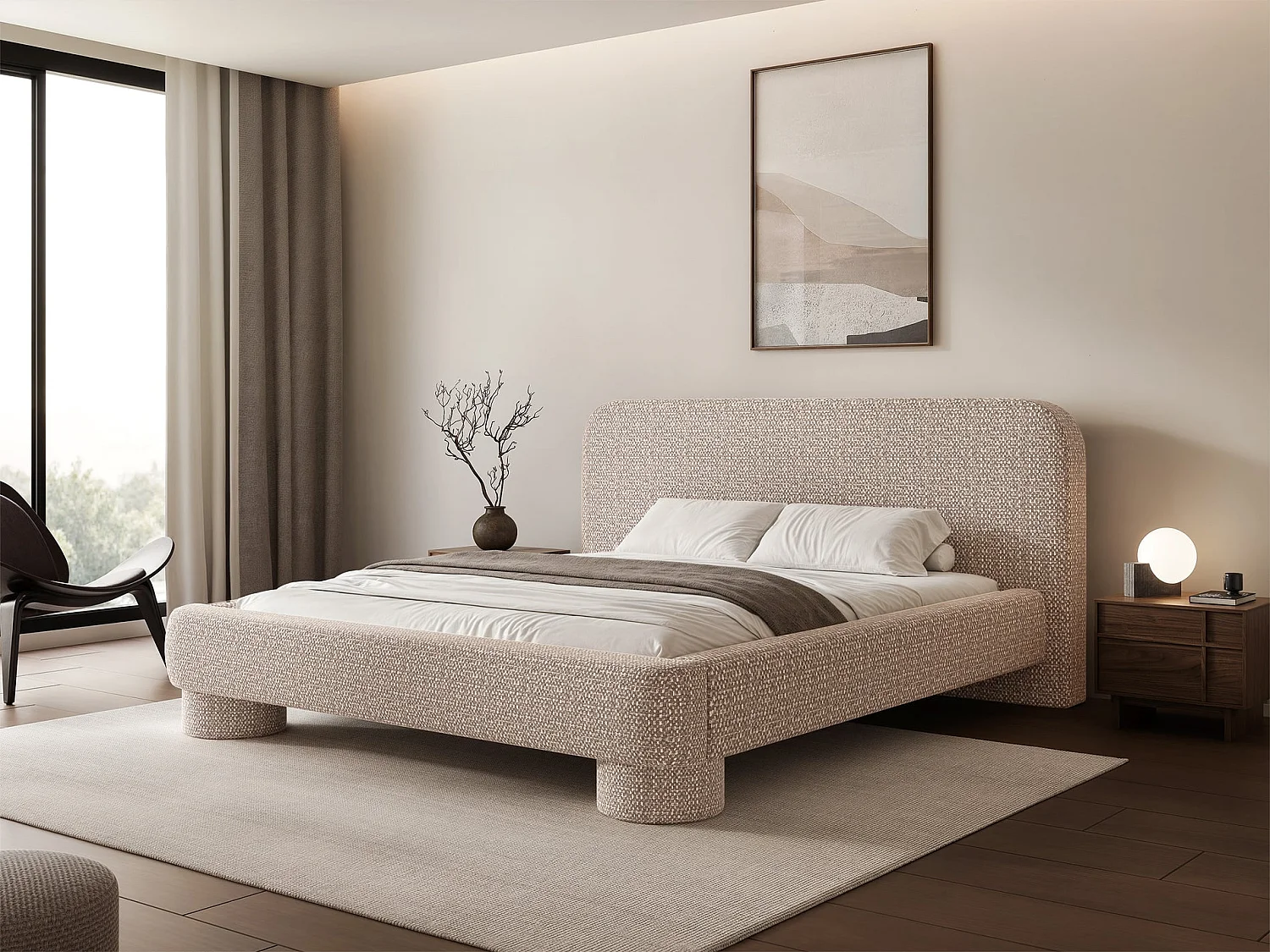 Lit rembourré avec coffre - 180x200 cm - tissu tressé Beige - Fredo