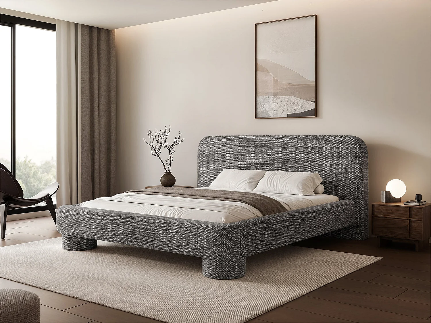 Lit rembourré avec coffre - 180x200 cm - tissu tressé Gris foncé - Fredo