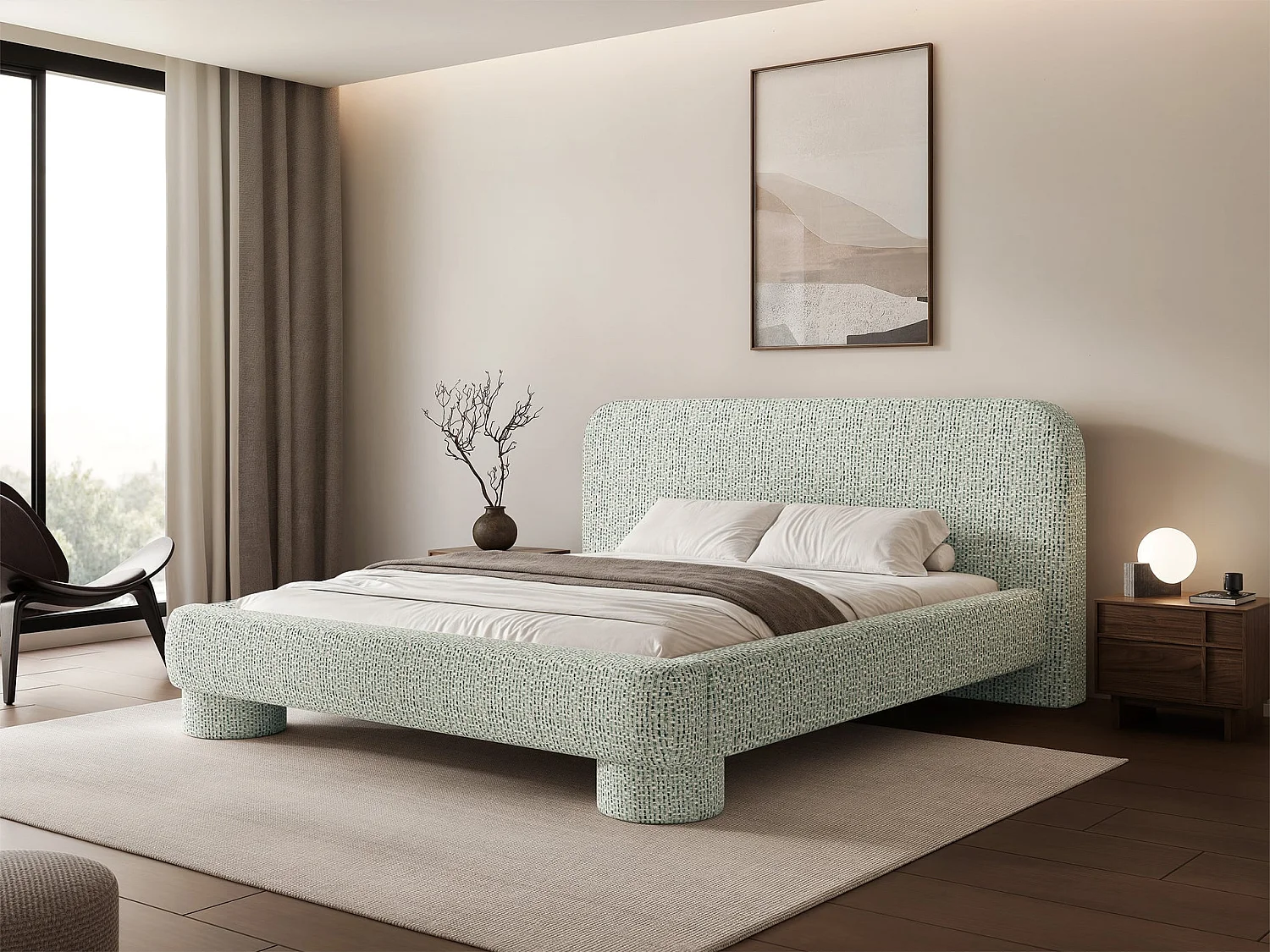 Lit rembourré avec coffre - 180x200 cm - tissu tressé Vert sauge - Fredo