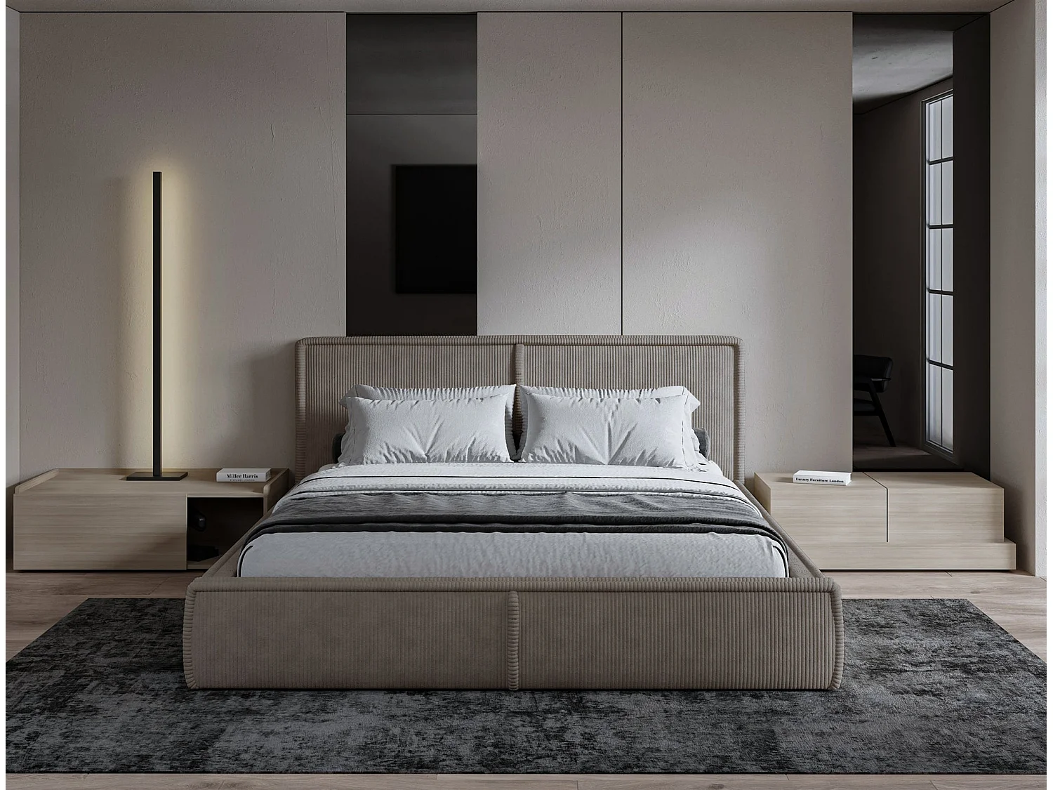 Gestoffeerd bed Cordo met opbergruimte, olijfgroene ribstof, 160x200cm