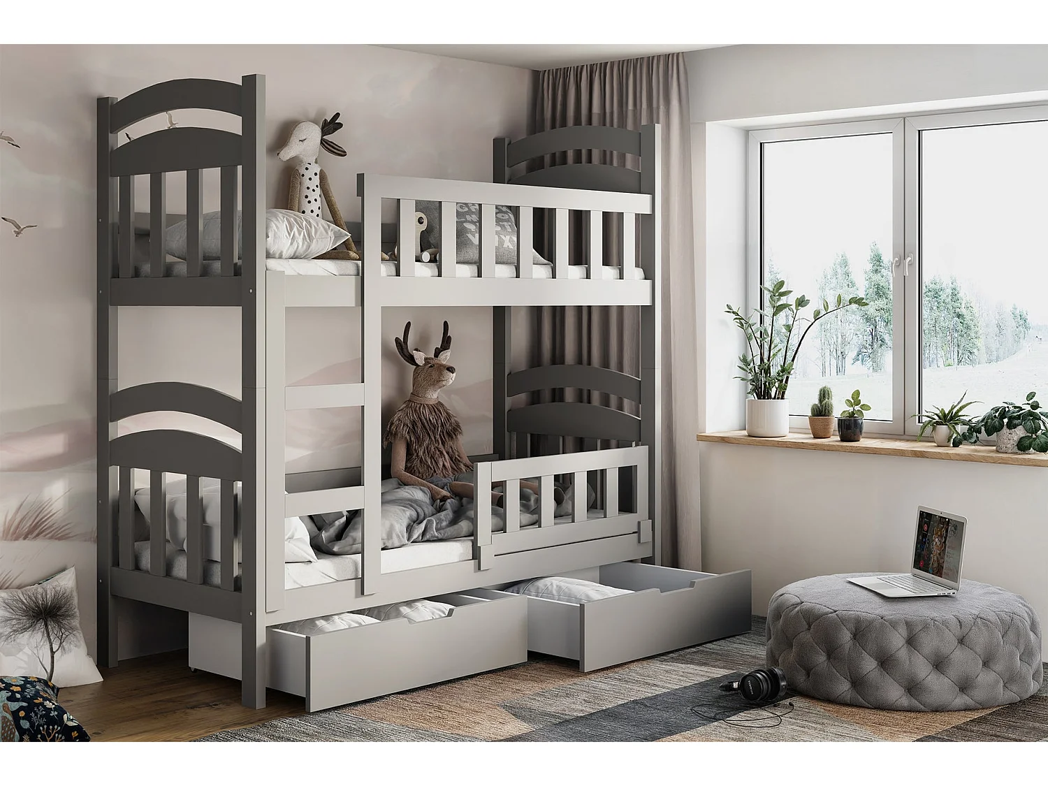 Lit superposé avec matelas - 90x200 cm - Gris - Dopio