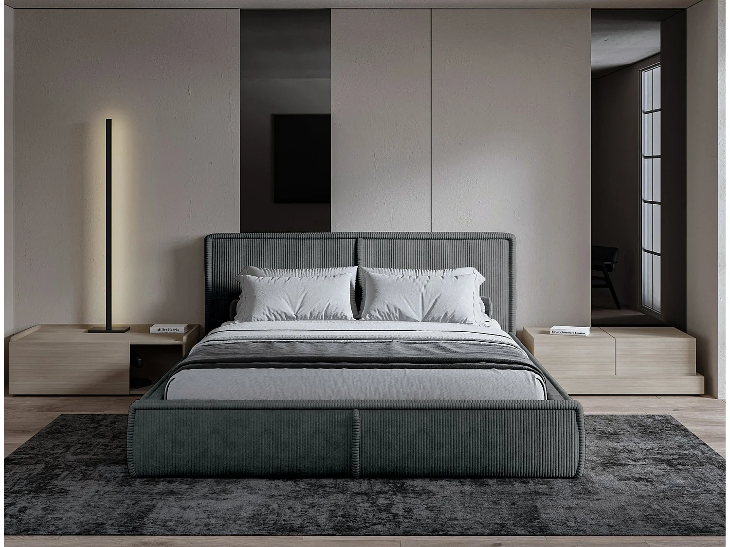 Lit rembourré avec coffre et sommier en bois - 180x200 cm - velours côtelé beige clair - CORDO